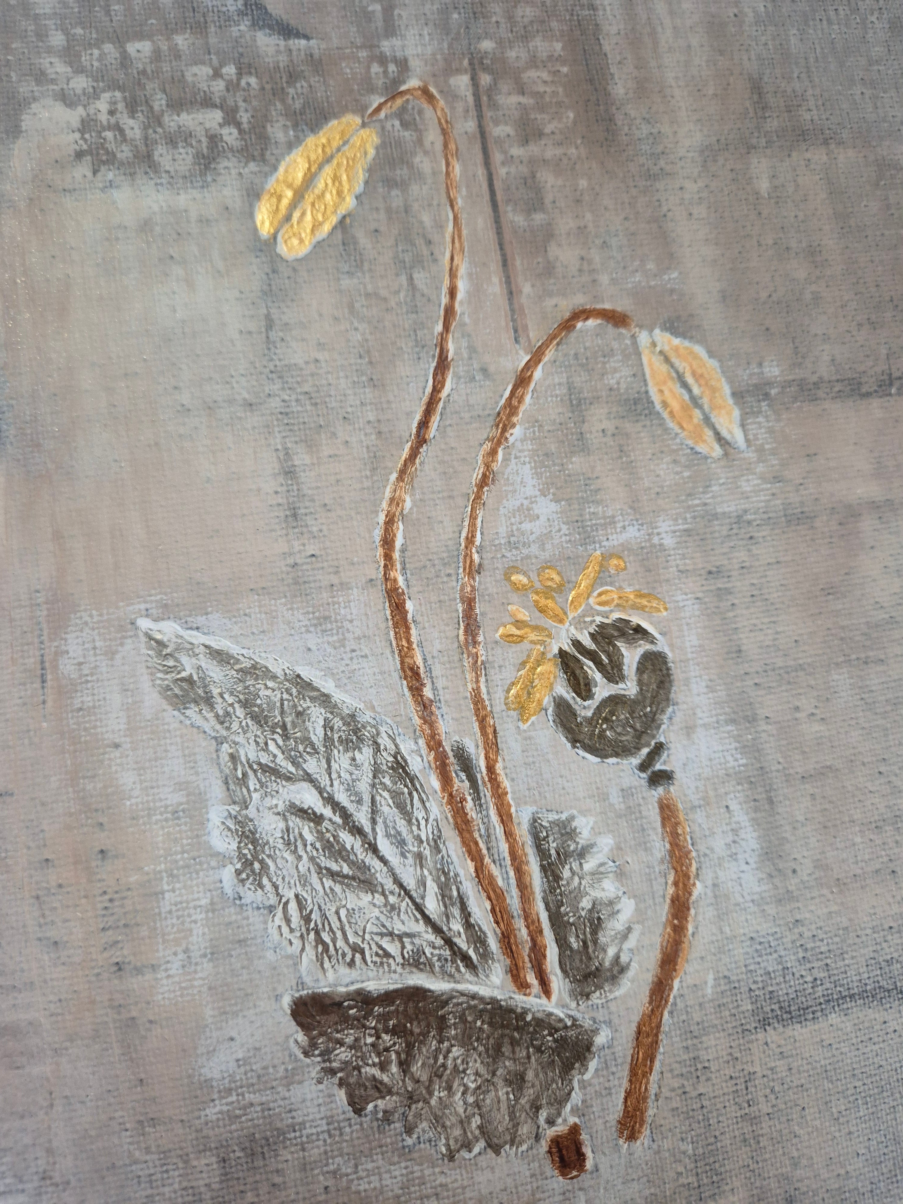 Framed Abstract Botanical Poppy Art – Gold & Grey Original Painting
