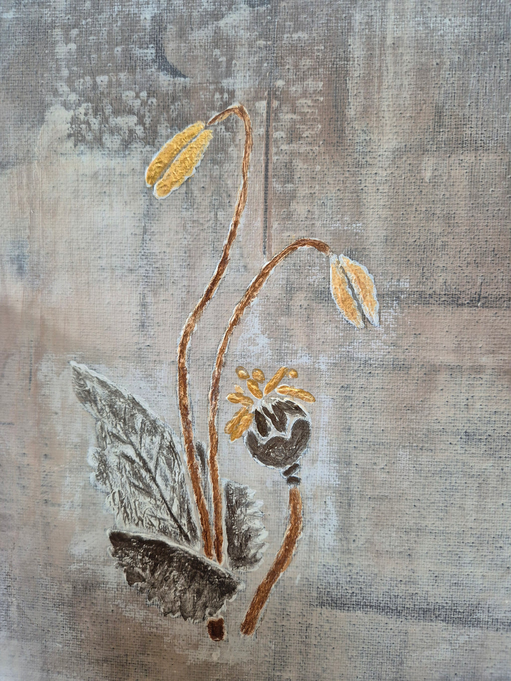 Framed Abstract Botanical Poppy Art – Gold & Grey Original Painting