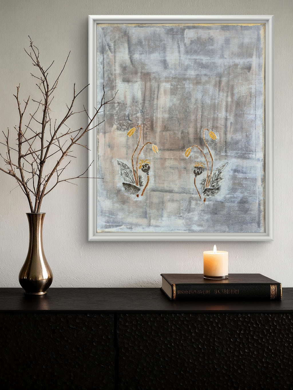 Framed Abstract Botanical Poppy Art – Gold & Grey Original Painting