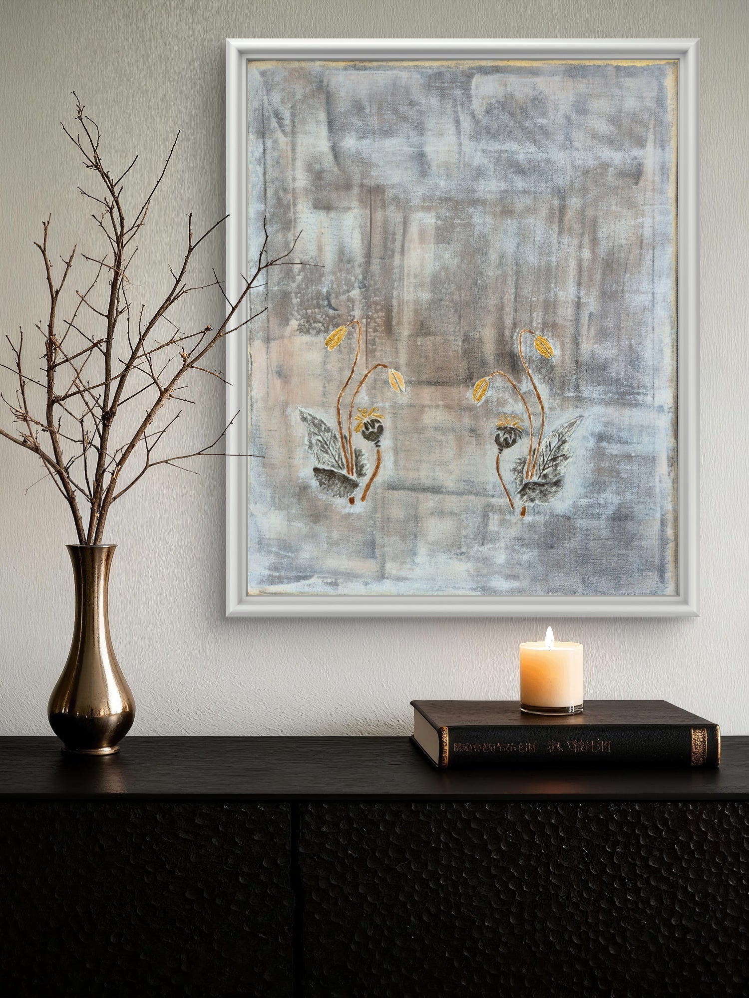 Framed Abstract Botanical Poppy Art – Gold & Grey Original Painting