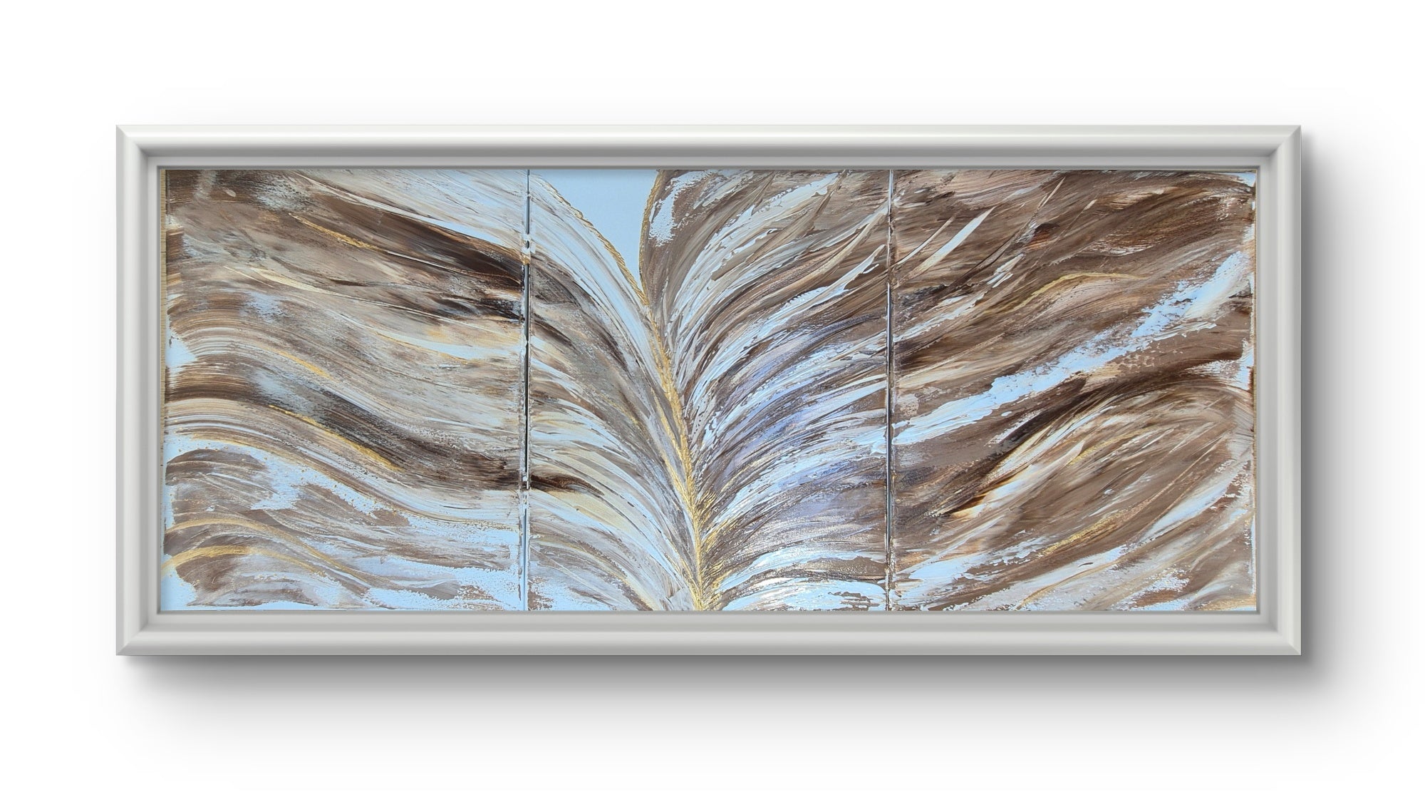 Large Framed Abstract Pampas Triptych – Neutral Gold & Blue Original Painting