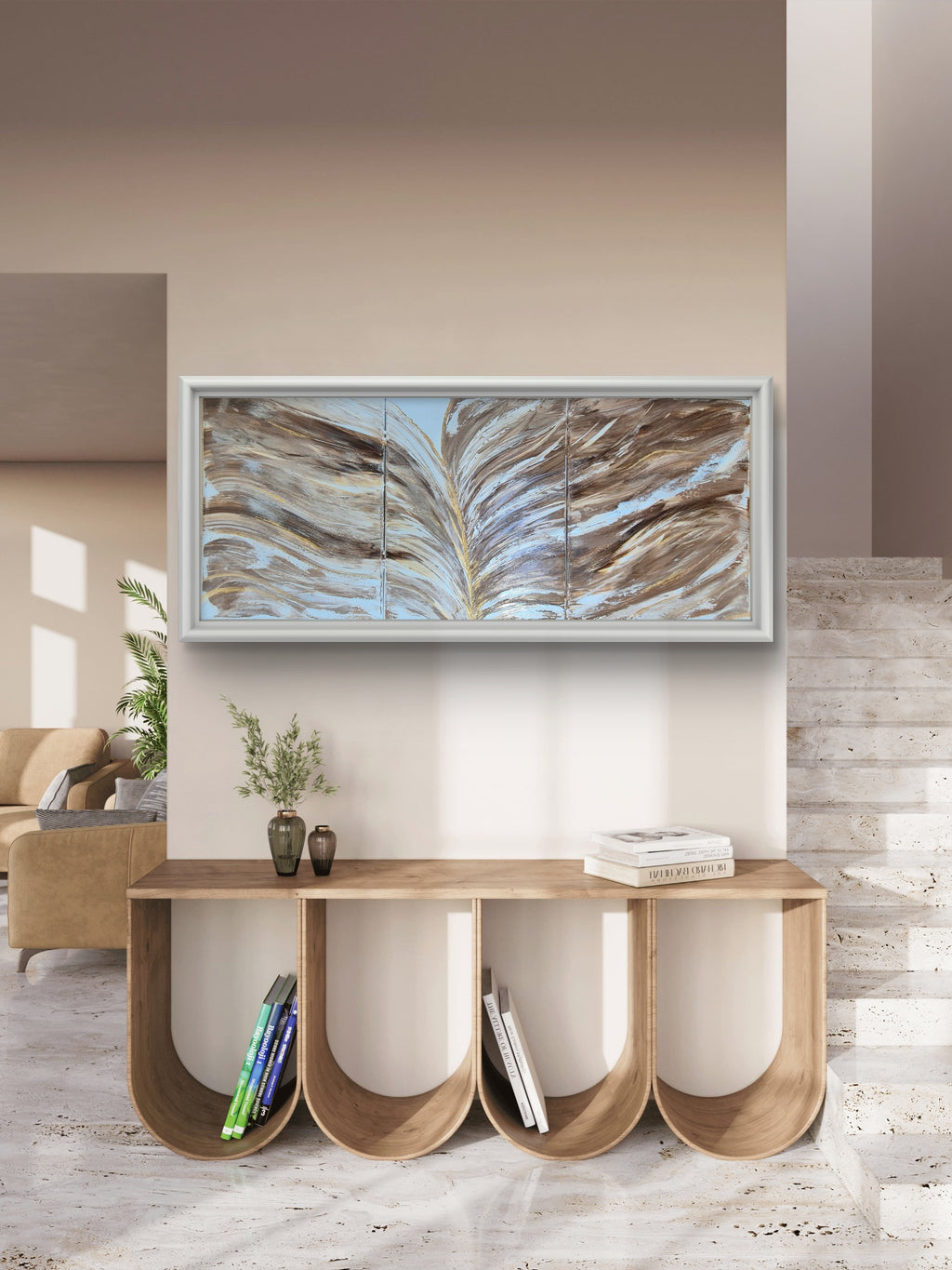 Large Framed Abstract Pampas Triptych – Neutral Gold & Blue Original Painting