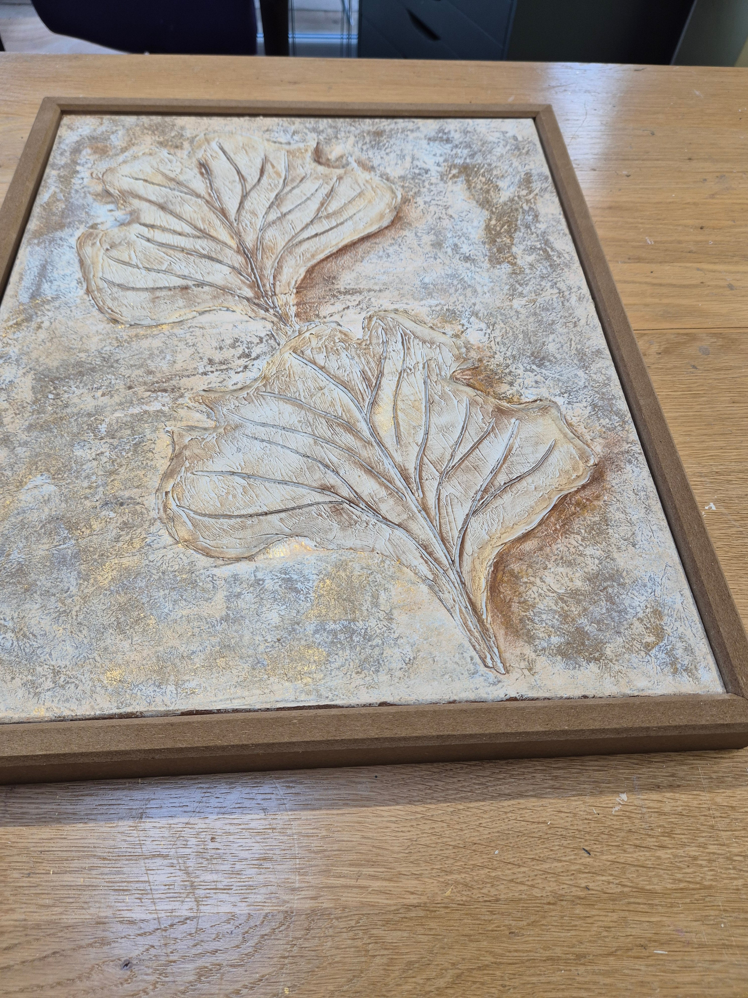 Framed Textured Botanical Leaf Canvas – Blue & Sand Original Artwork