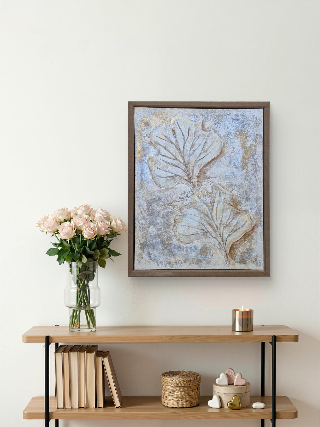 Framed Textured Botanical Leaf Canvas – Blue & Sand Original Artwork