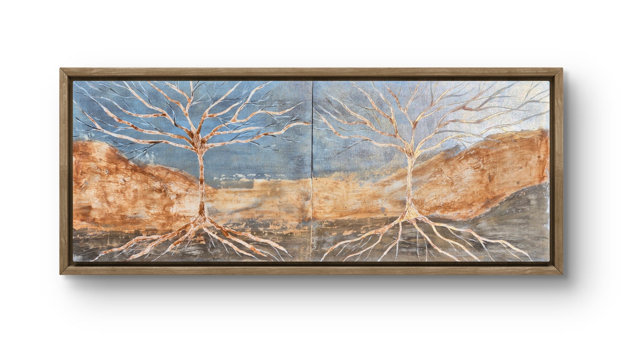 Framed Diptych Tree Wall Art – Textured Acrylic Landscape in Terracotta & Blue