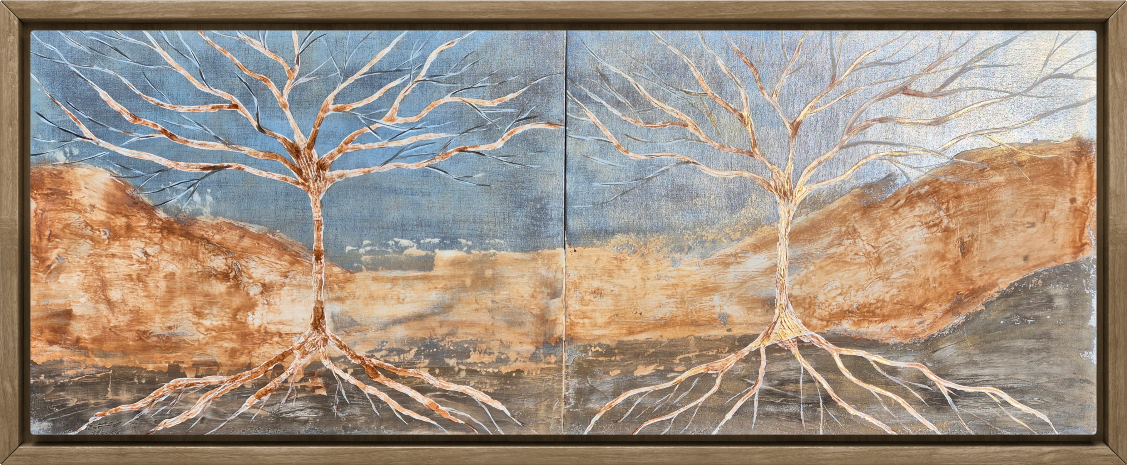 Framed Diptych Tree Wall Art – Textured Acrylic Landscape in Terracotta & Blue