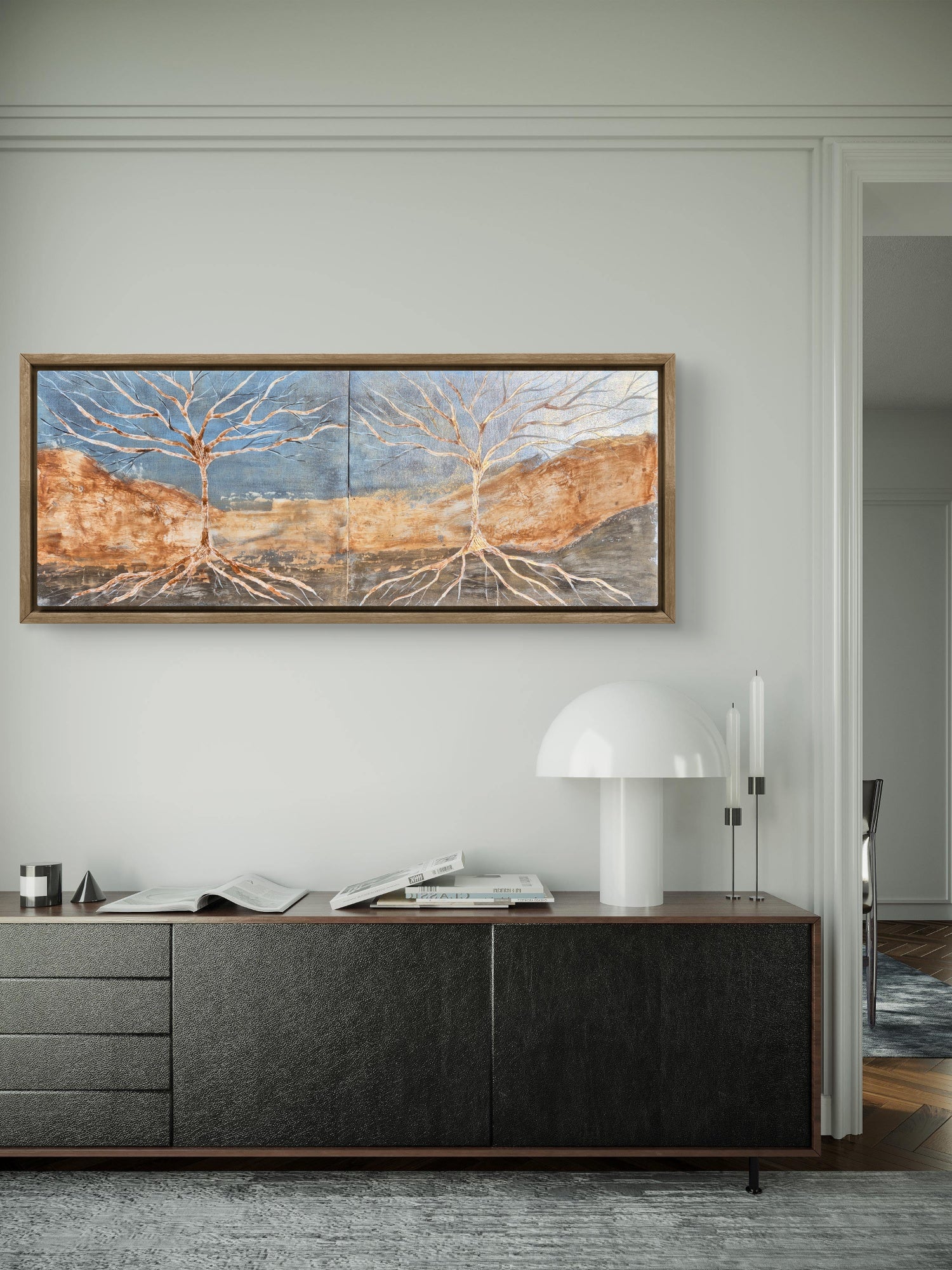 Framed Diptych Tree Wall Art – Textured Acrylic Landscape in Terracotta & Blue