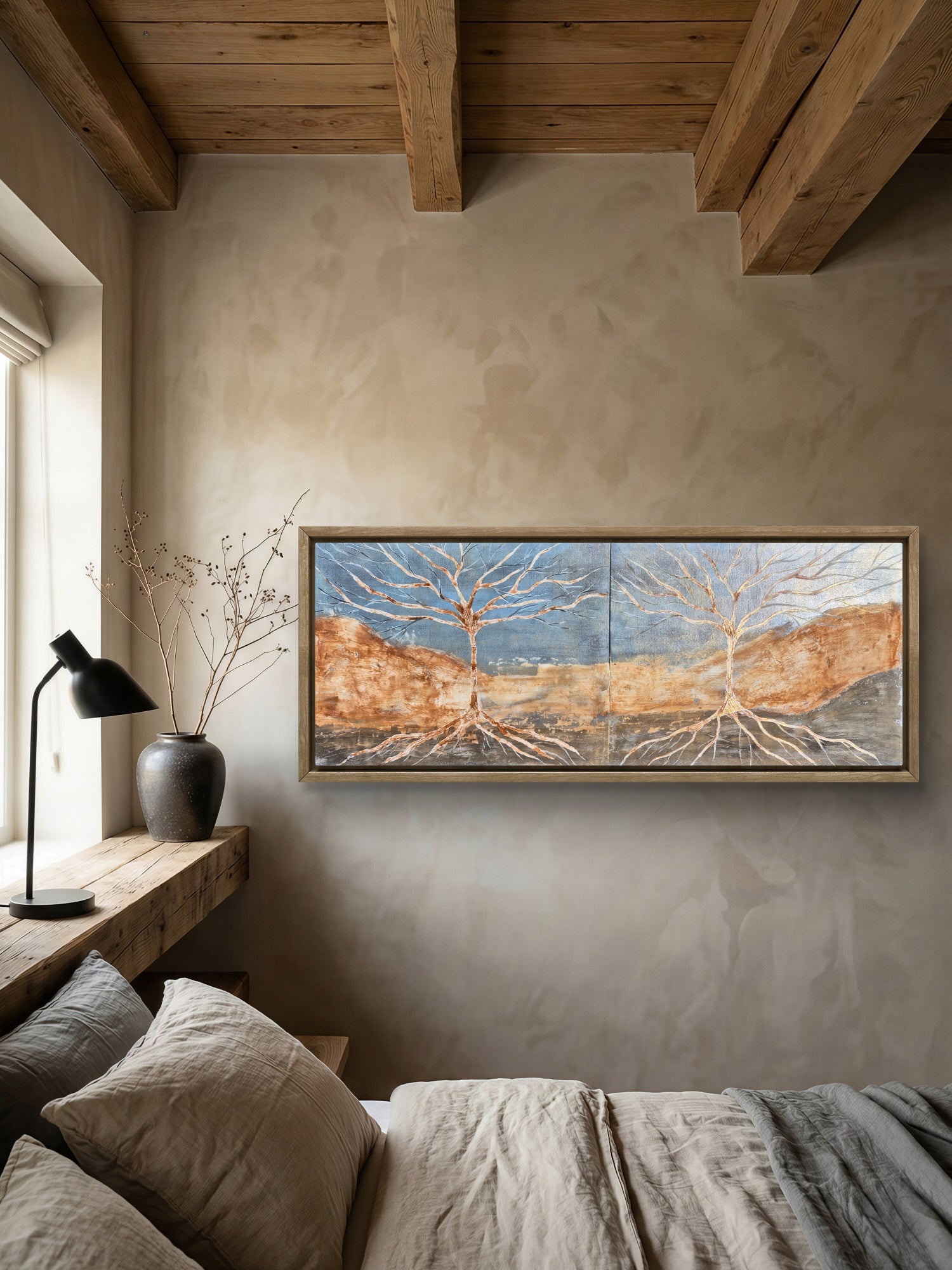 Framed Diptych Tree Wall Art – Textured Acrylic Landscape in Terracotta & Blue