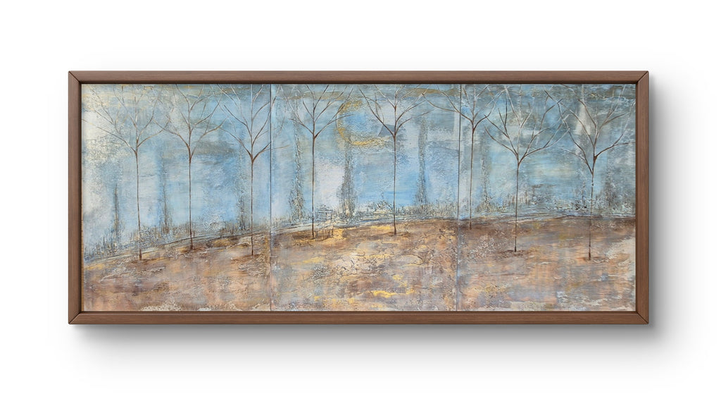 Large Framed Panoramic Forest Painting 145x64cm – Silent Forest, Original Landscape Wall Art UK