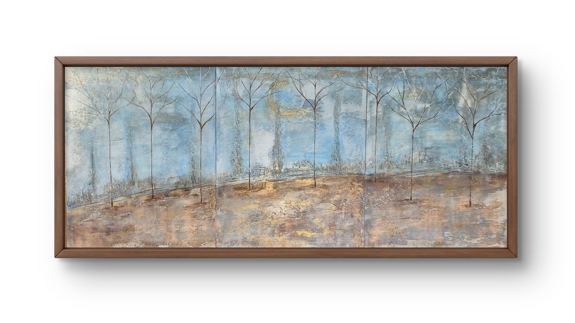 Large Framed Panoramic Forest Painting 145x64cm – Silent Forest, Original Landscape Wall Art UK