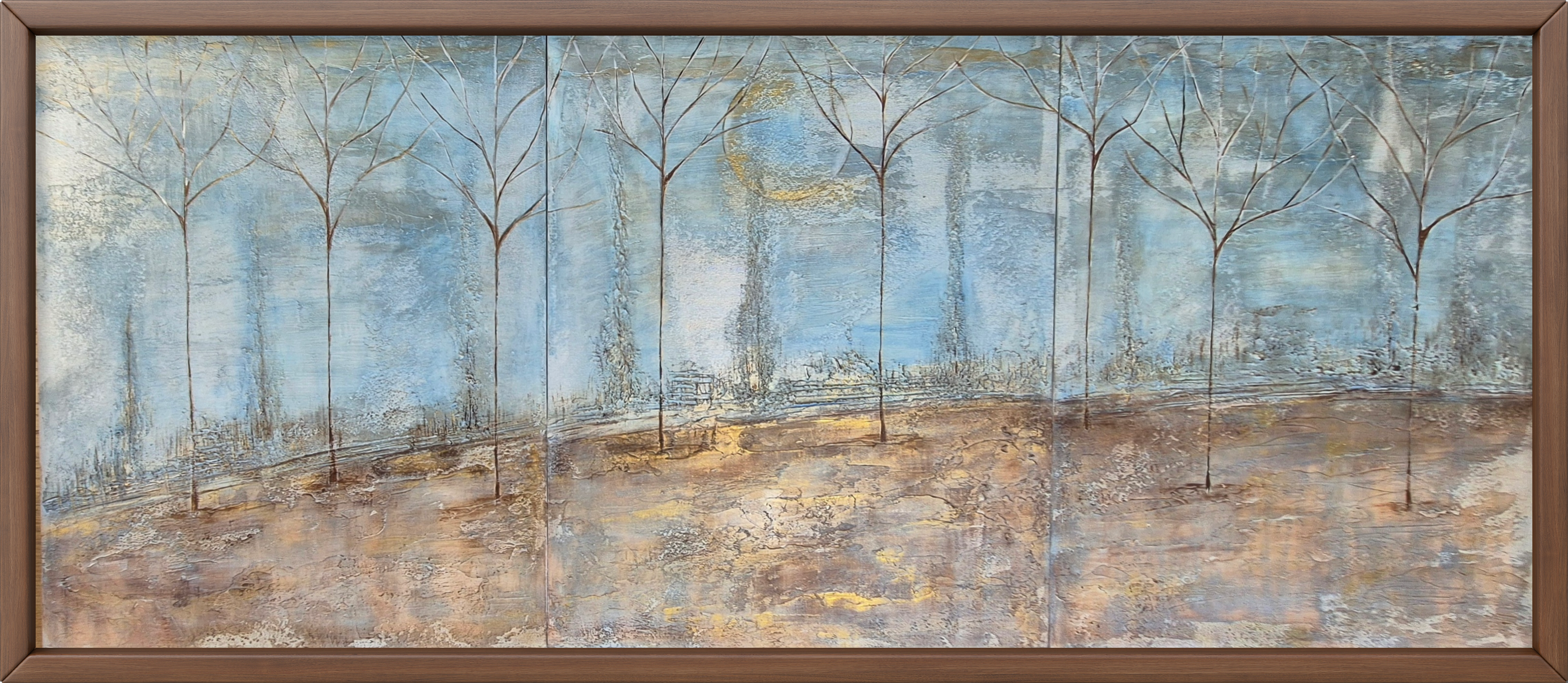 Large Framed Panoramic Forest Painting 145x64cm – Silent Forest, Original Landscape Wall Art UK