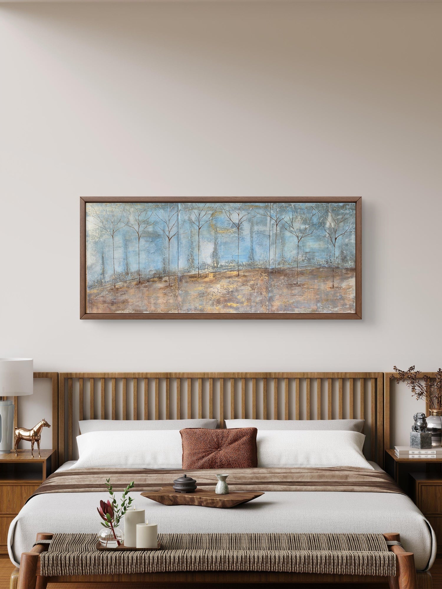 Large Framed Panoramic Forest Painting 145x64cm – Silent Forest, Original Landscape Wall Art UK