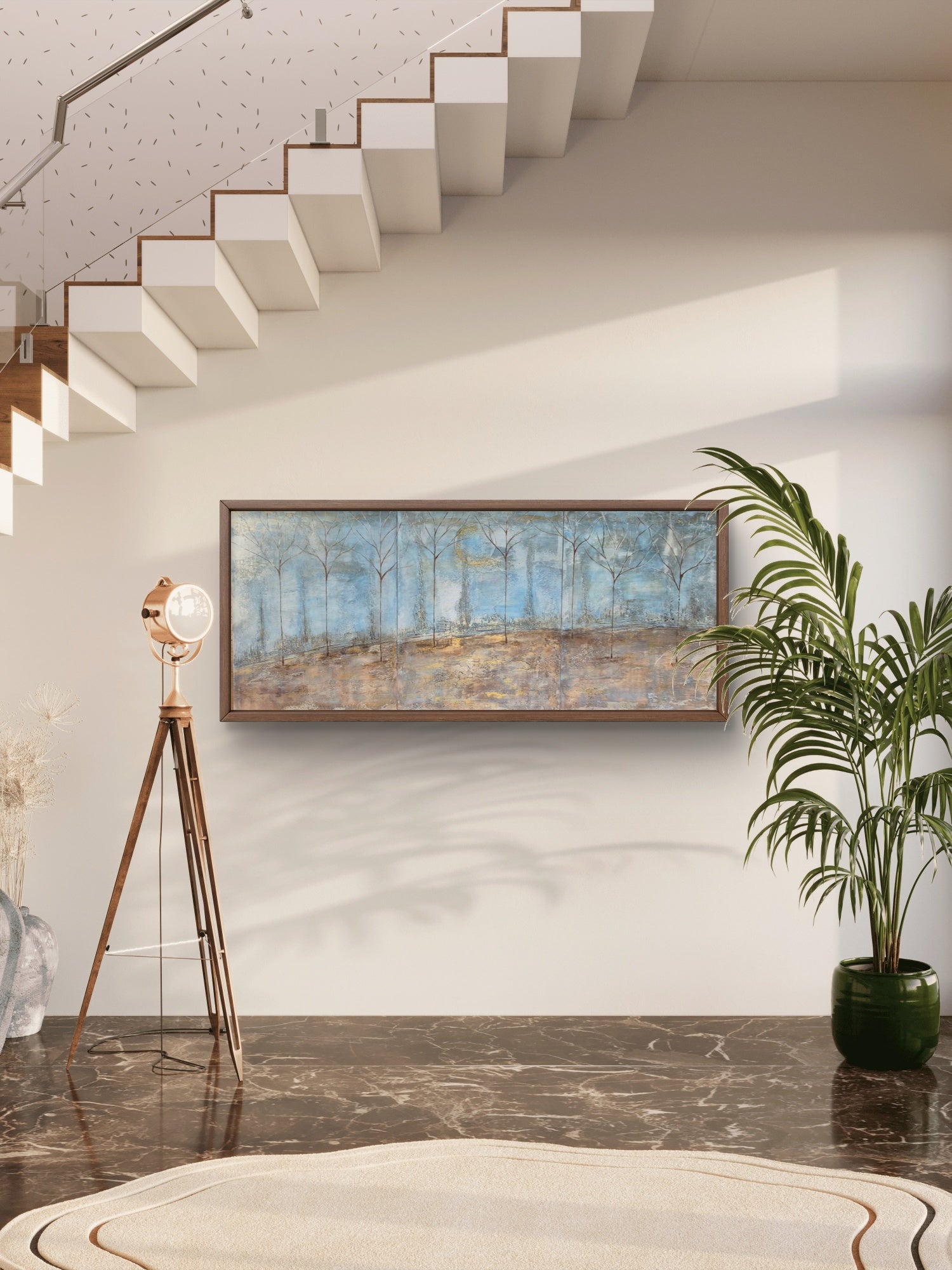 Large Framed Panoramic Forest Painting 145x64cm – Silent Forest, Original Landscape Wall Art UK