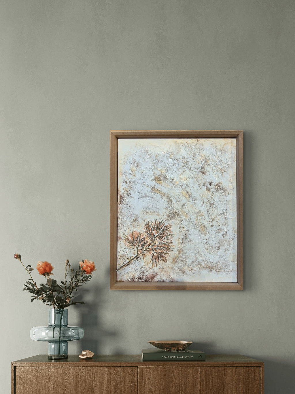 Maple Whisper original painting styled on wall above sideboard with flowers