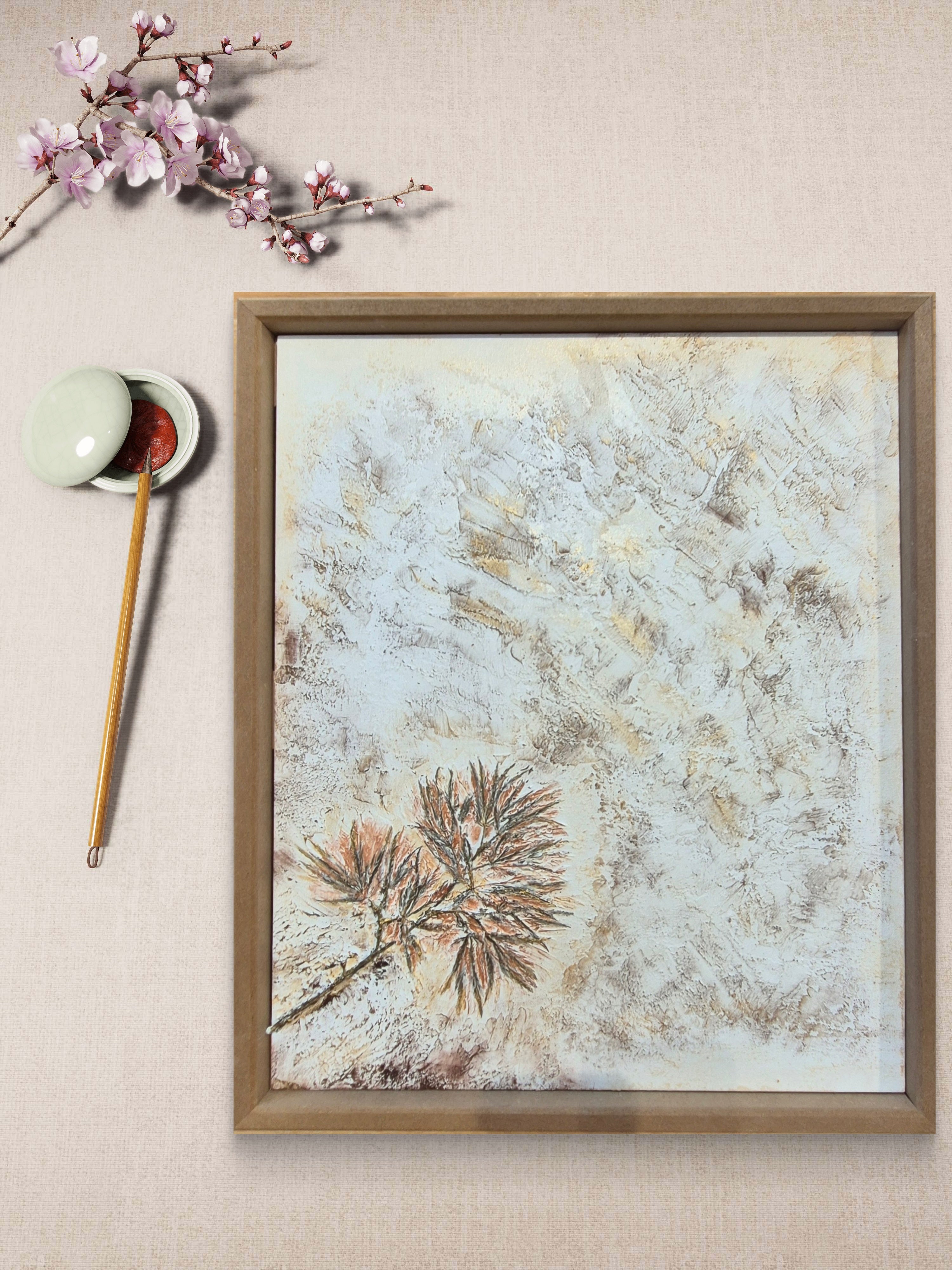 Maple Whisper original painting flat lay with cherry blossom and paintbrush