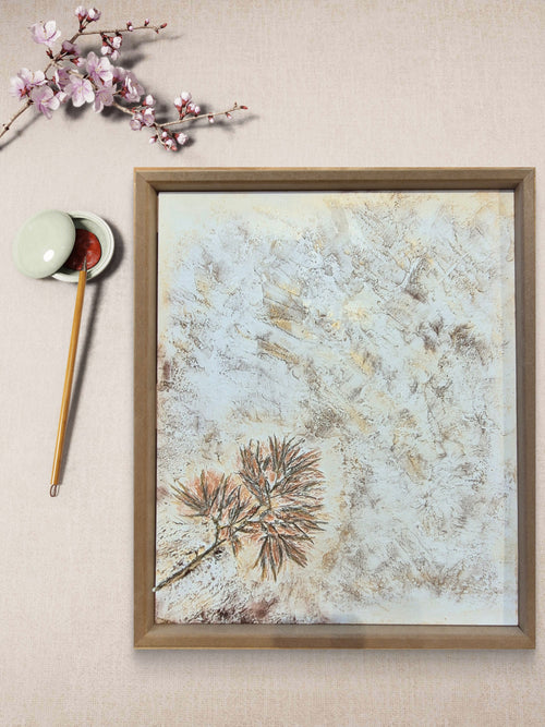 Maple Whisper original painting flat lay with cherry blossom and paintbrush