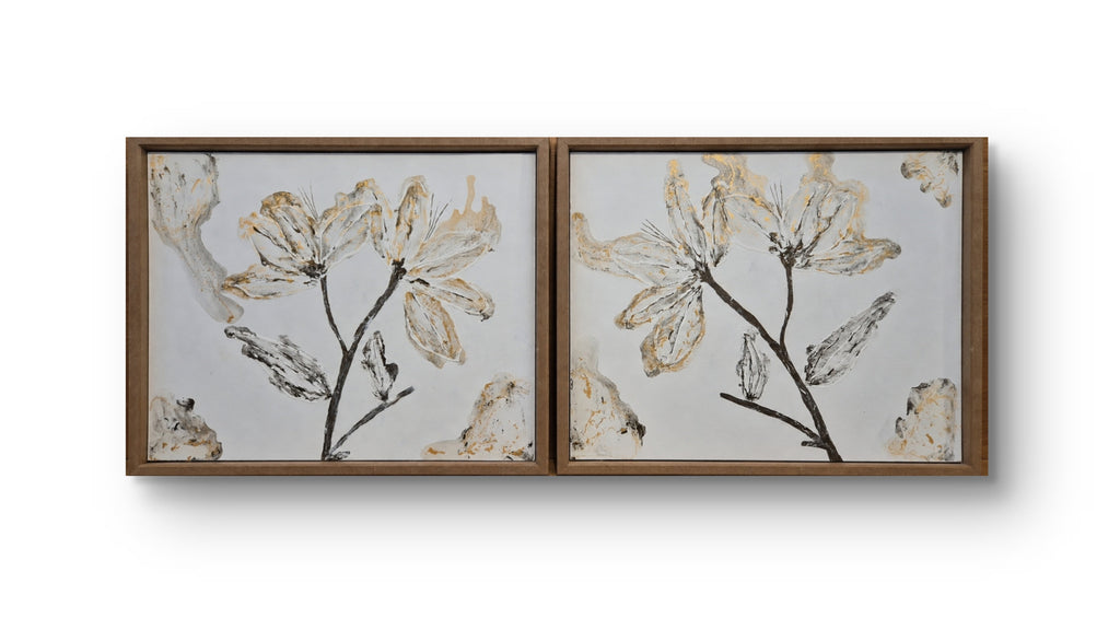 Bloom Whisper framed magnolia diptych — both panels on white background