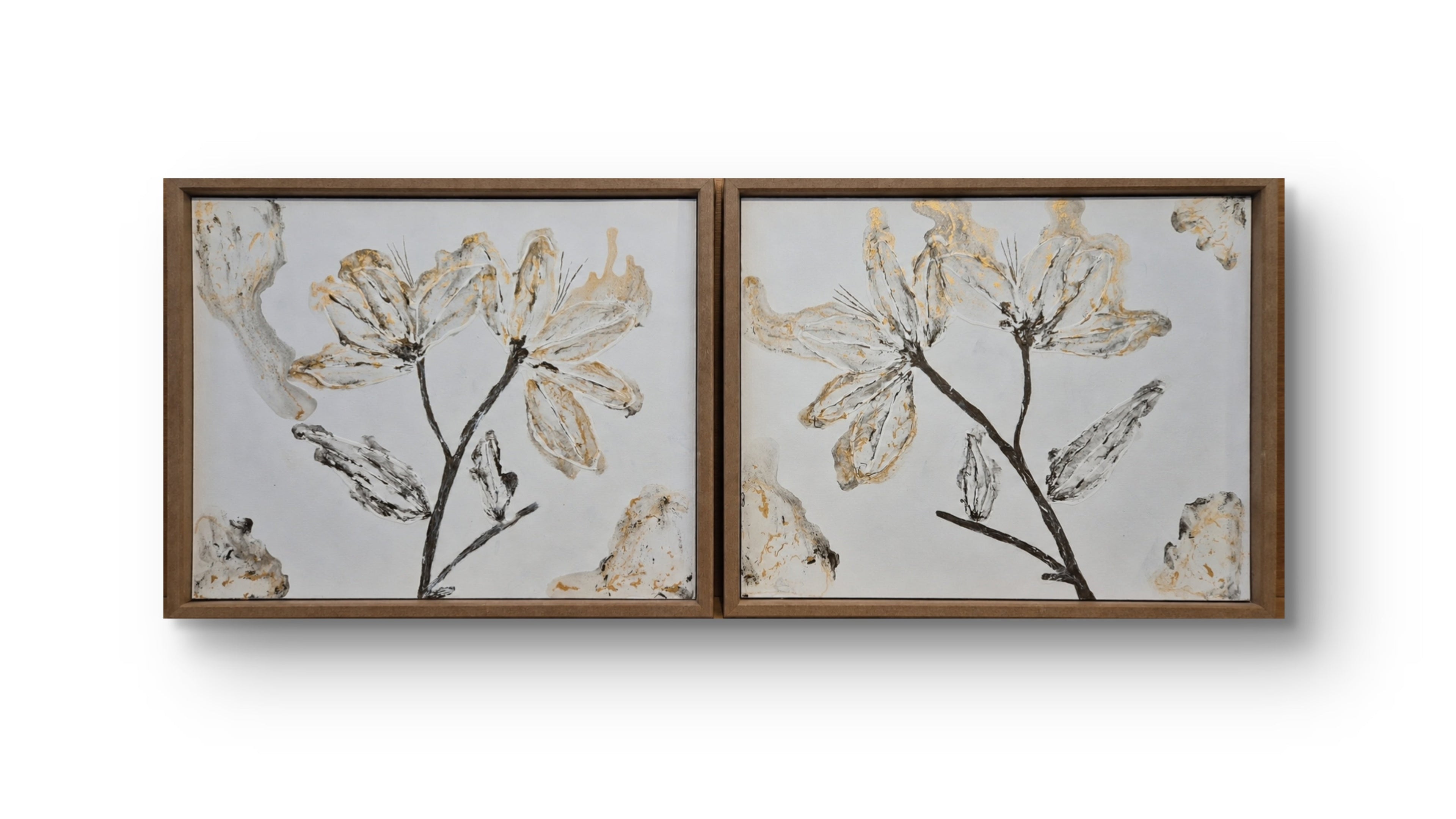 Bloom Whisper framed magnolia diptych — both panels on white background