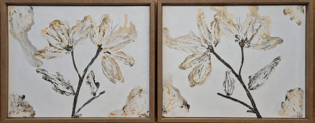 Bloom Whisper diptych close-up showing magnolia detail and warm wood float frame