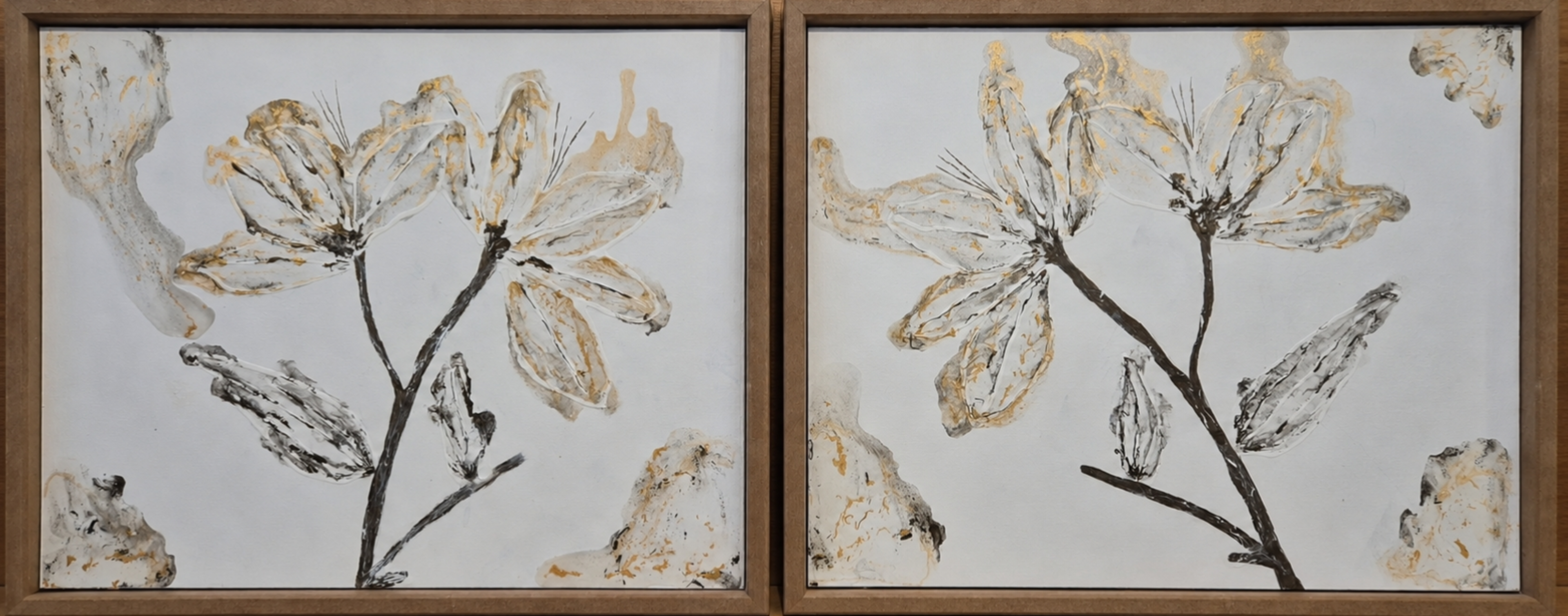 Bloom Whisper diptych close-up showing magnolia detail and warm wood float frame