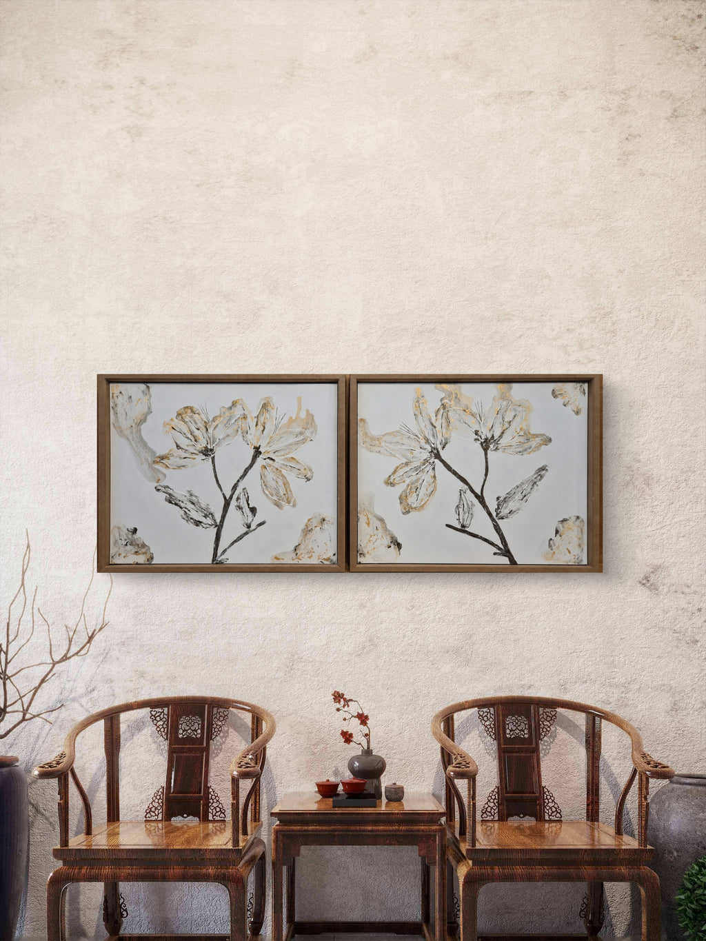 Bloom Whisper diptych styled in hallway above staircase