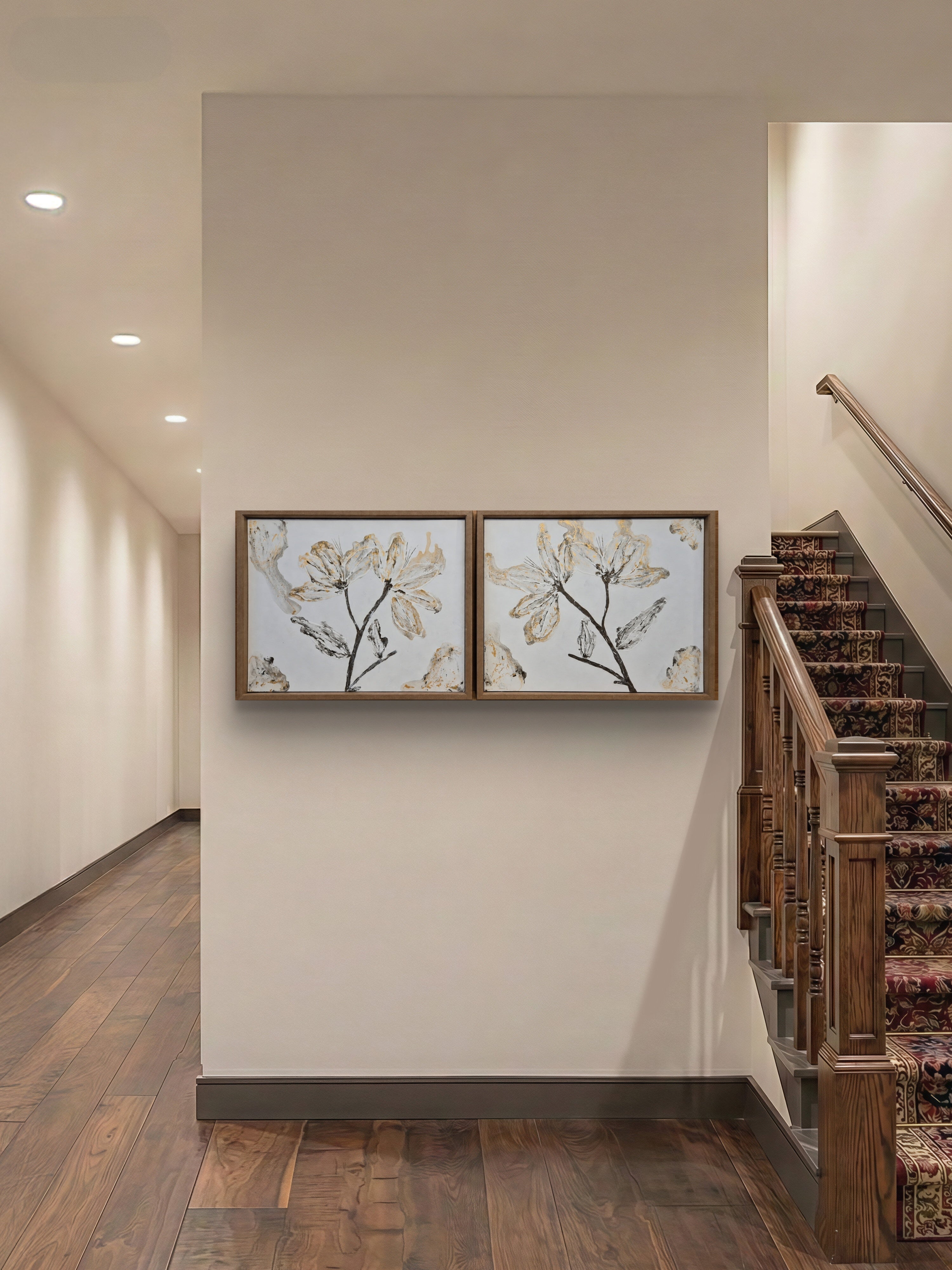 Bloom Whisper diptych styled above desk with copper lamp and open book