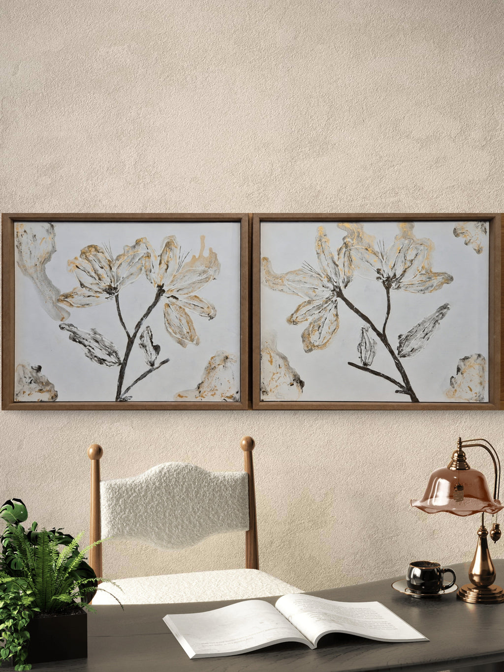 Bloom Whisper diptych styled in oriental sitting room with wooden chairs