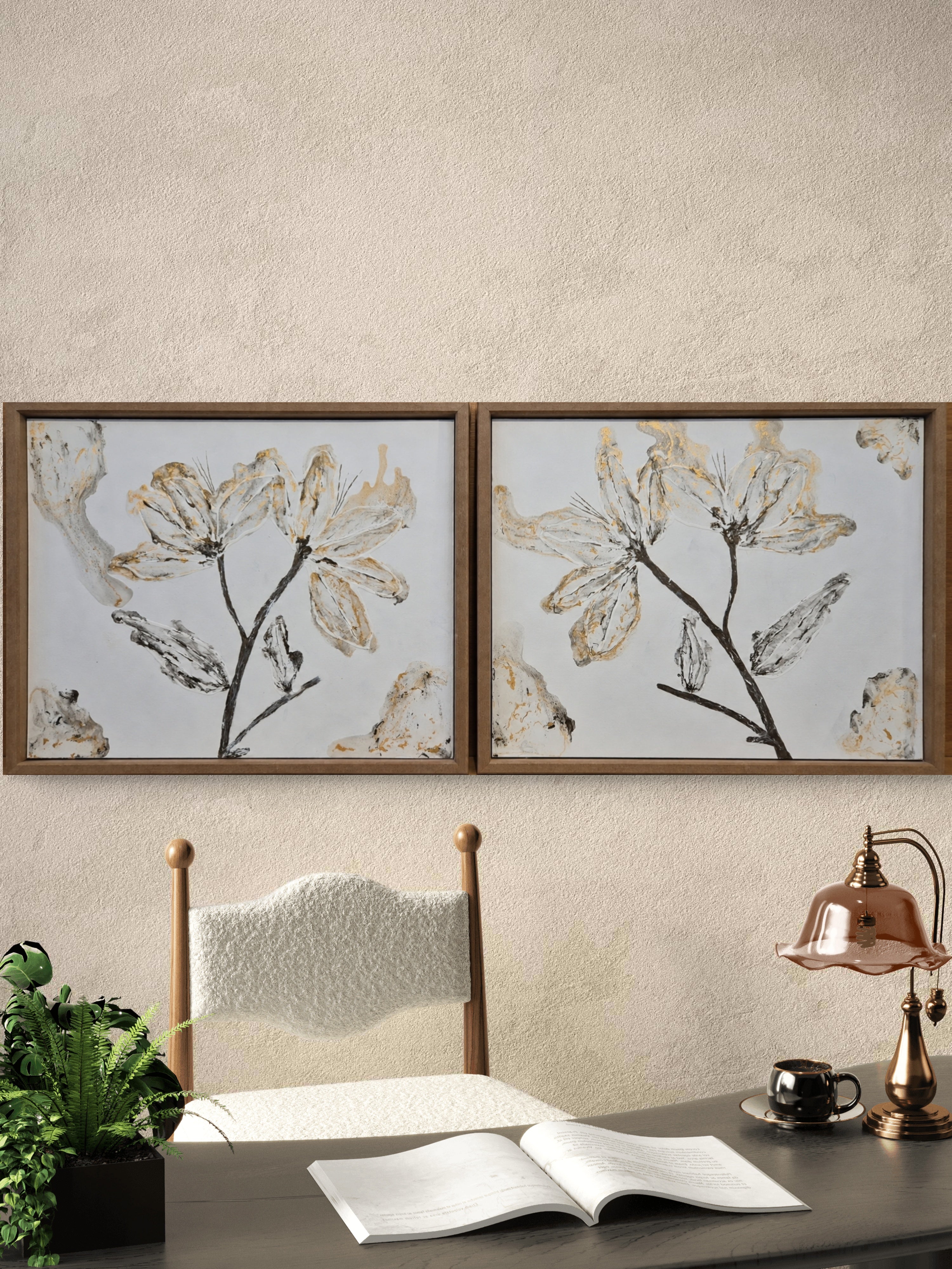 Bloom Whisper diptych styled in oriental sitting room with wooden chairs
