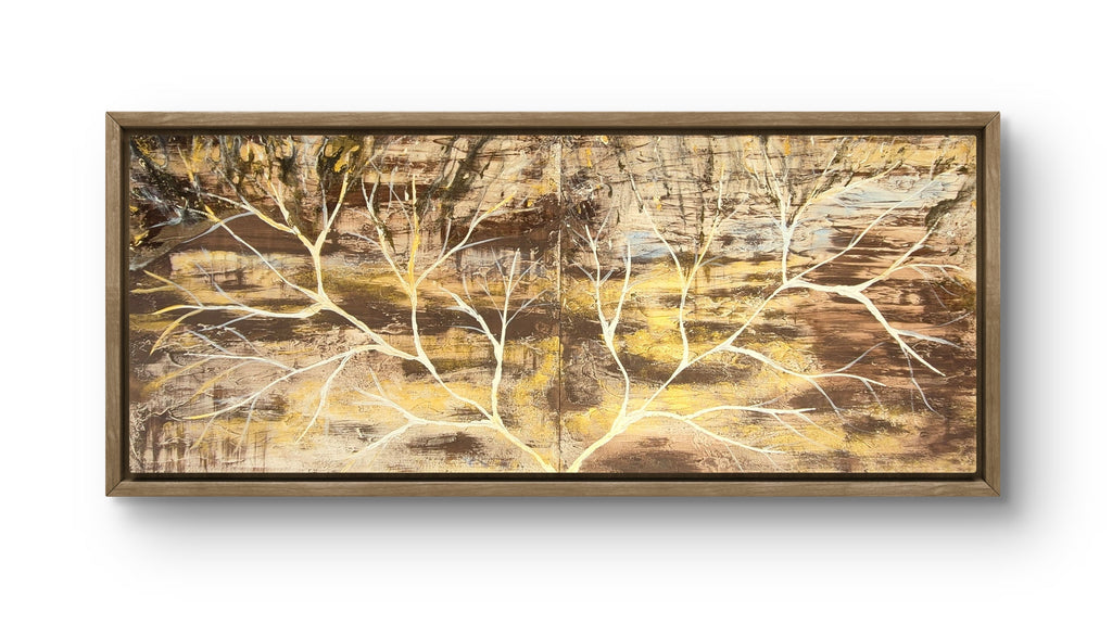 Golden Threshold framed abstract tree diptych on white background — full view