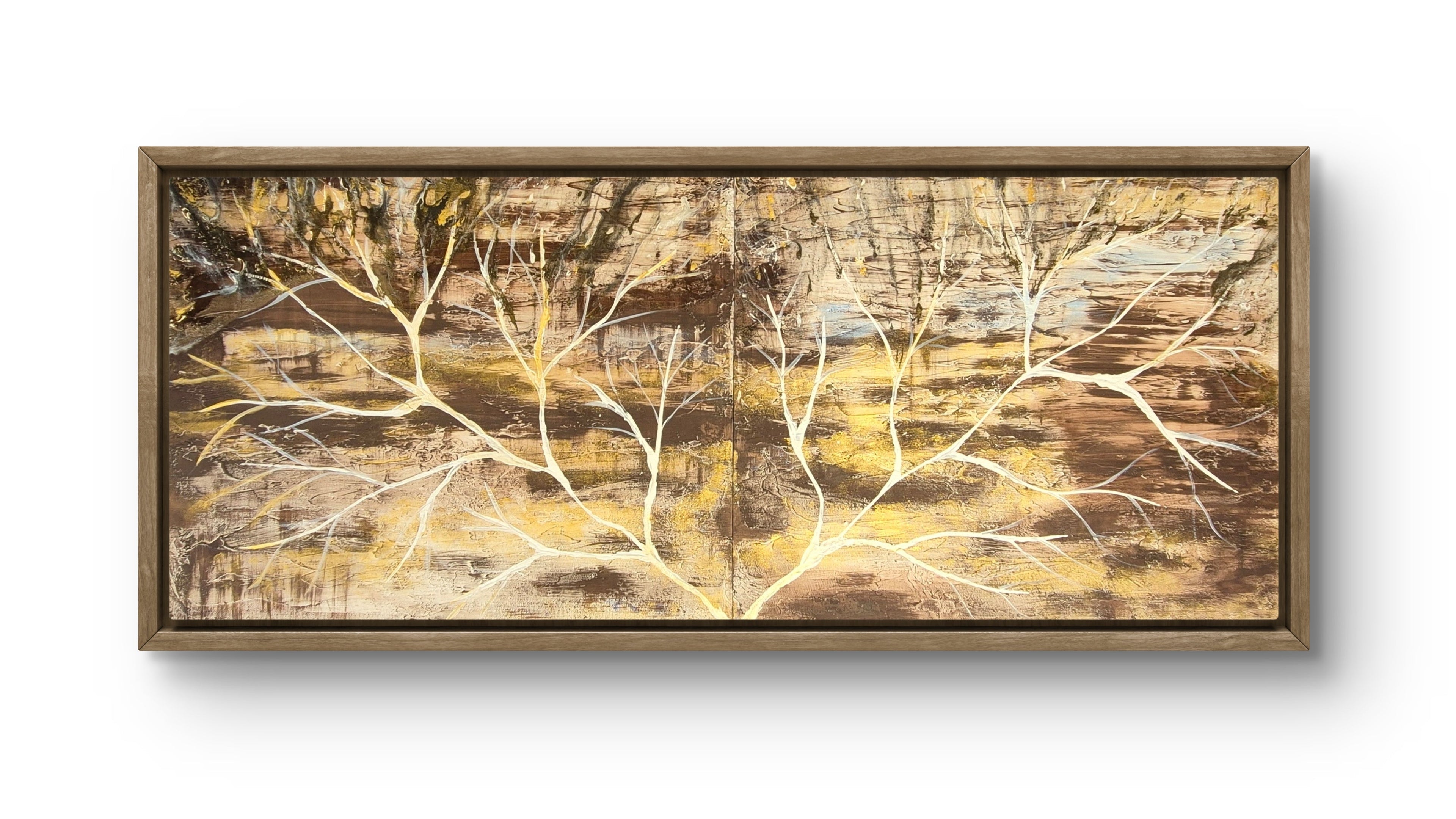 Golden Threshold framed abstract tree diptych on white background — full view