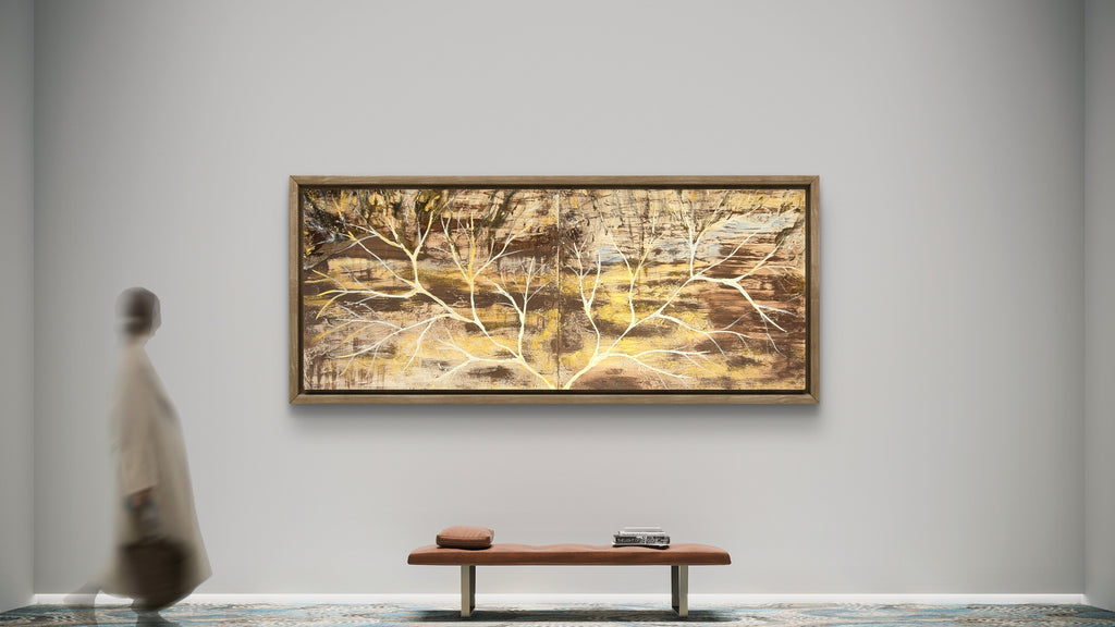 Golden Threshold diptych styled in a gallery corridor with figure for scale