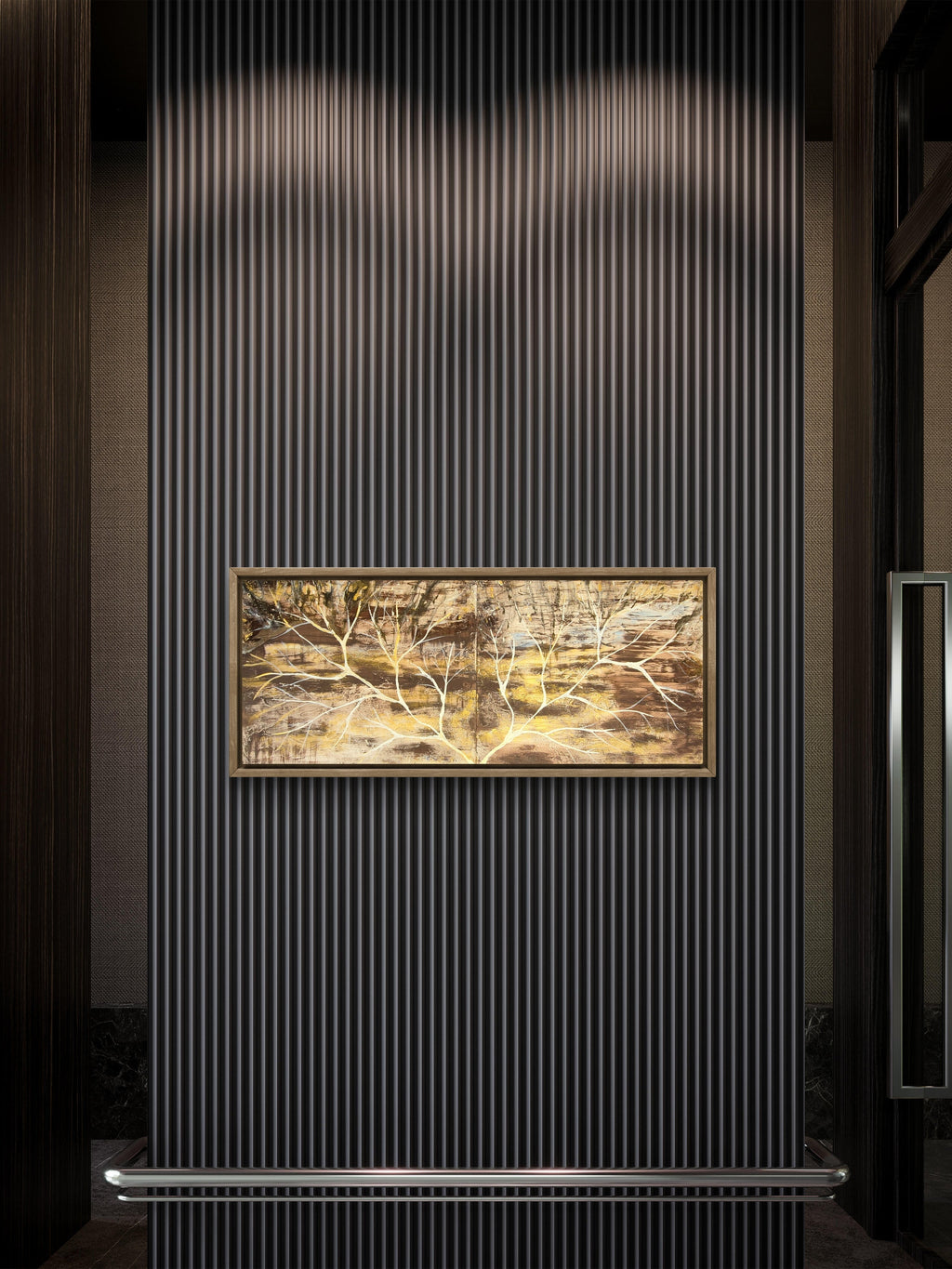 Golden Threshold diptych styled on dark ribbed wall panel in luxury interior