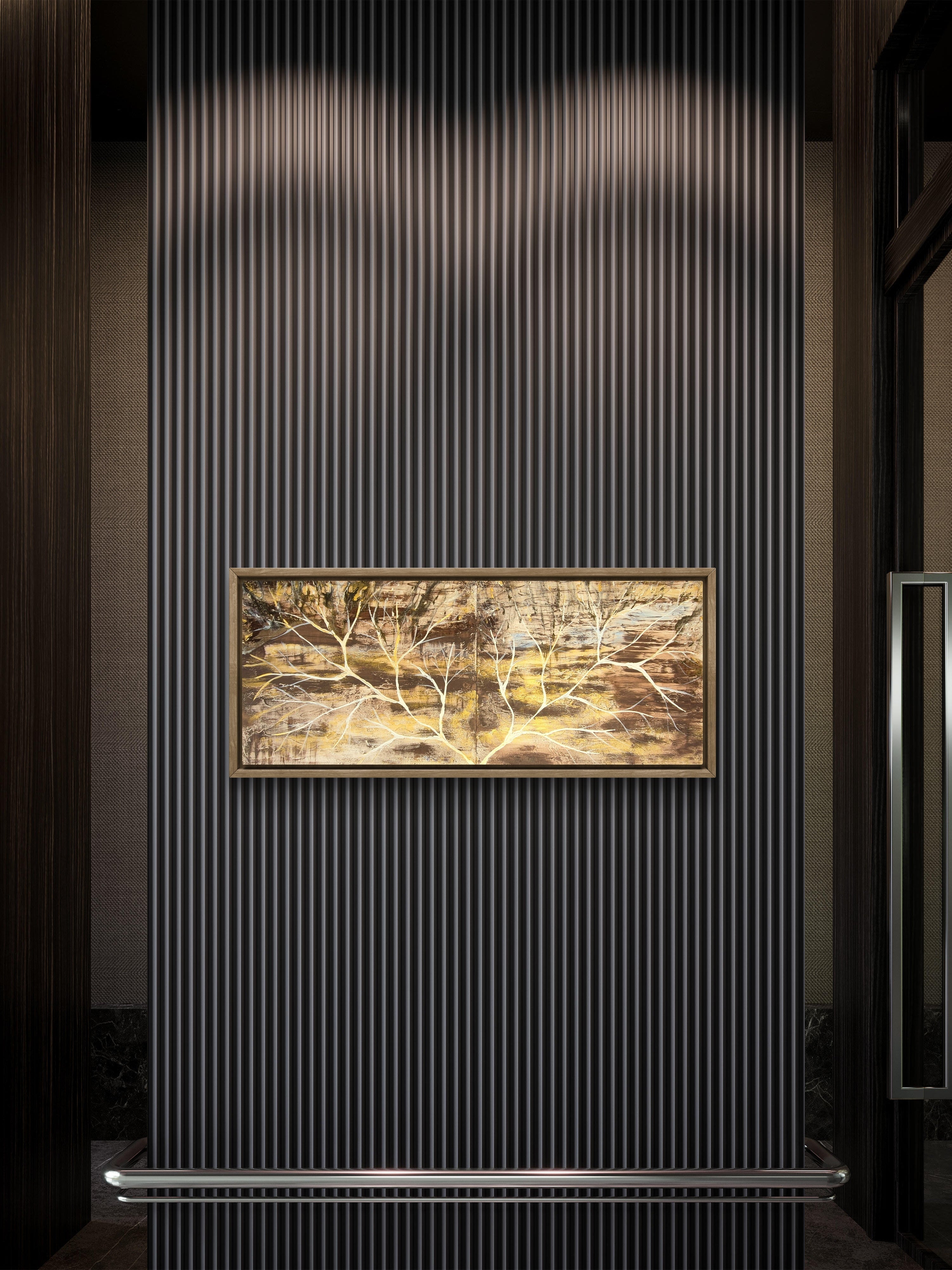 Golden Threshold diptych styled on dark ribbed wall panel in luxury interior