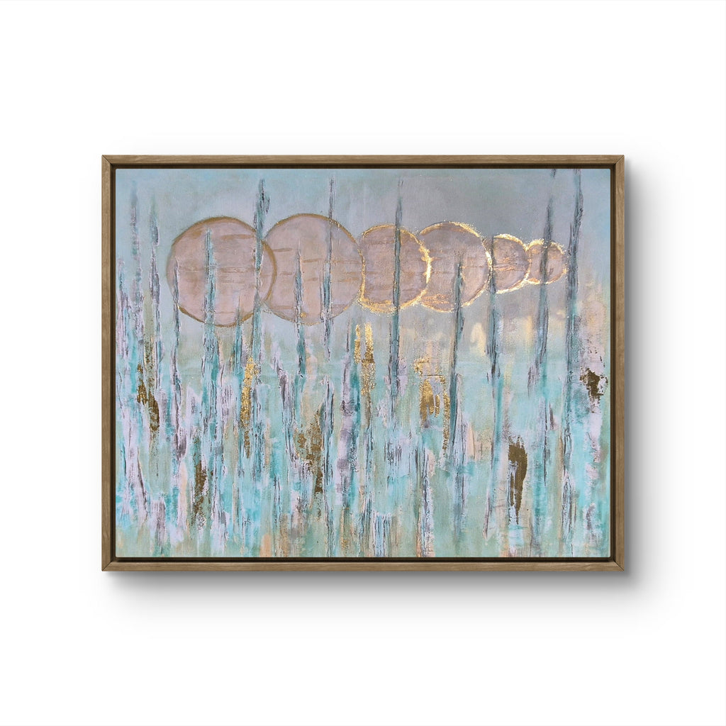 Where Sky Meets Earth — original abstract framed painting 110x90cm, soft blue blush and gold