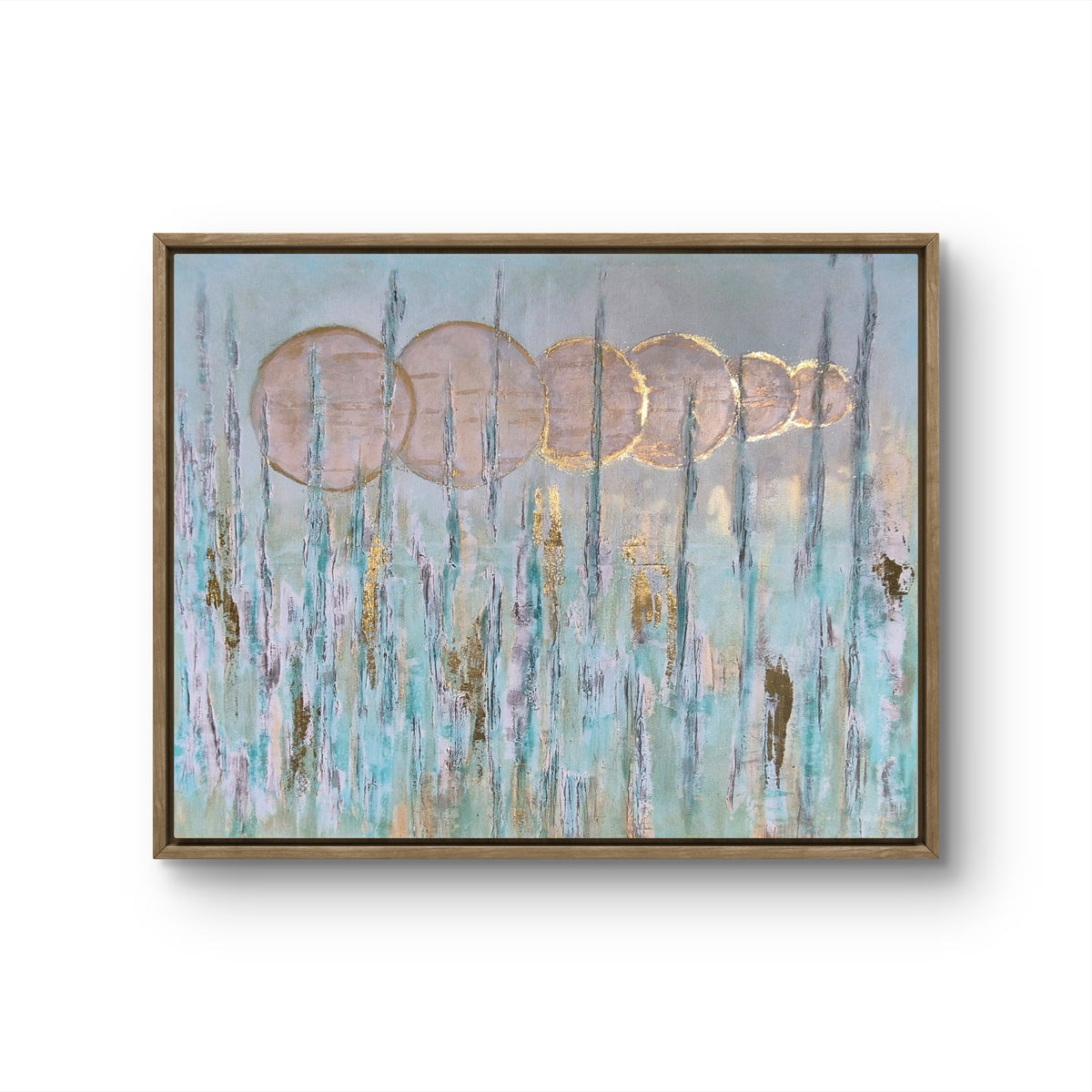 Where Sky Meets Earth — original abstract framed painting 110x90cm, soft blue blush and gold