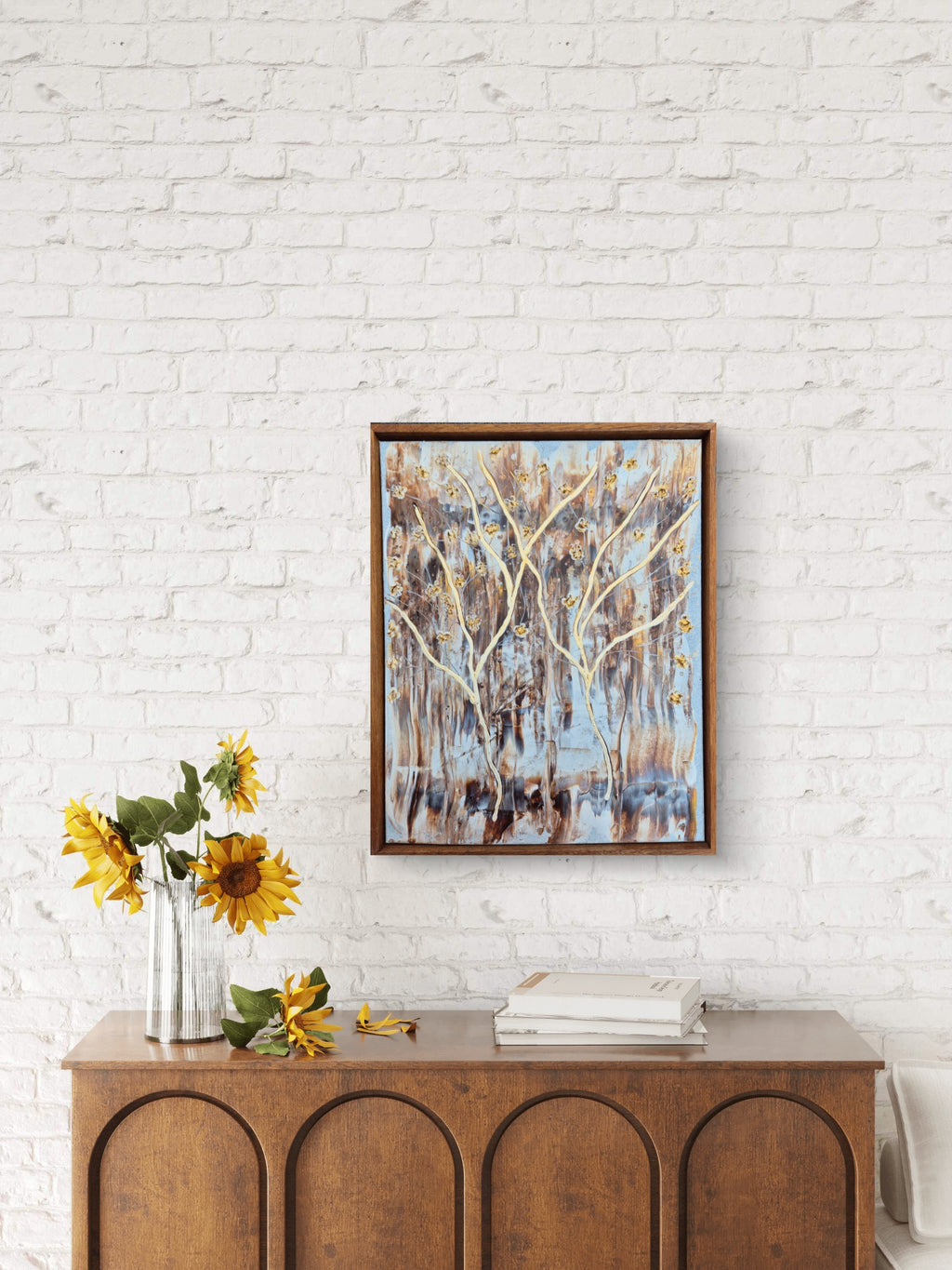 Framed Textured Abstract Tree Wall Art – Neutral Gold Brown Painting