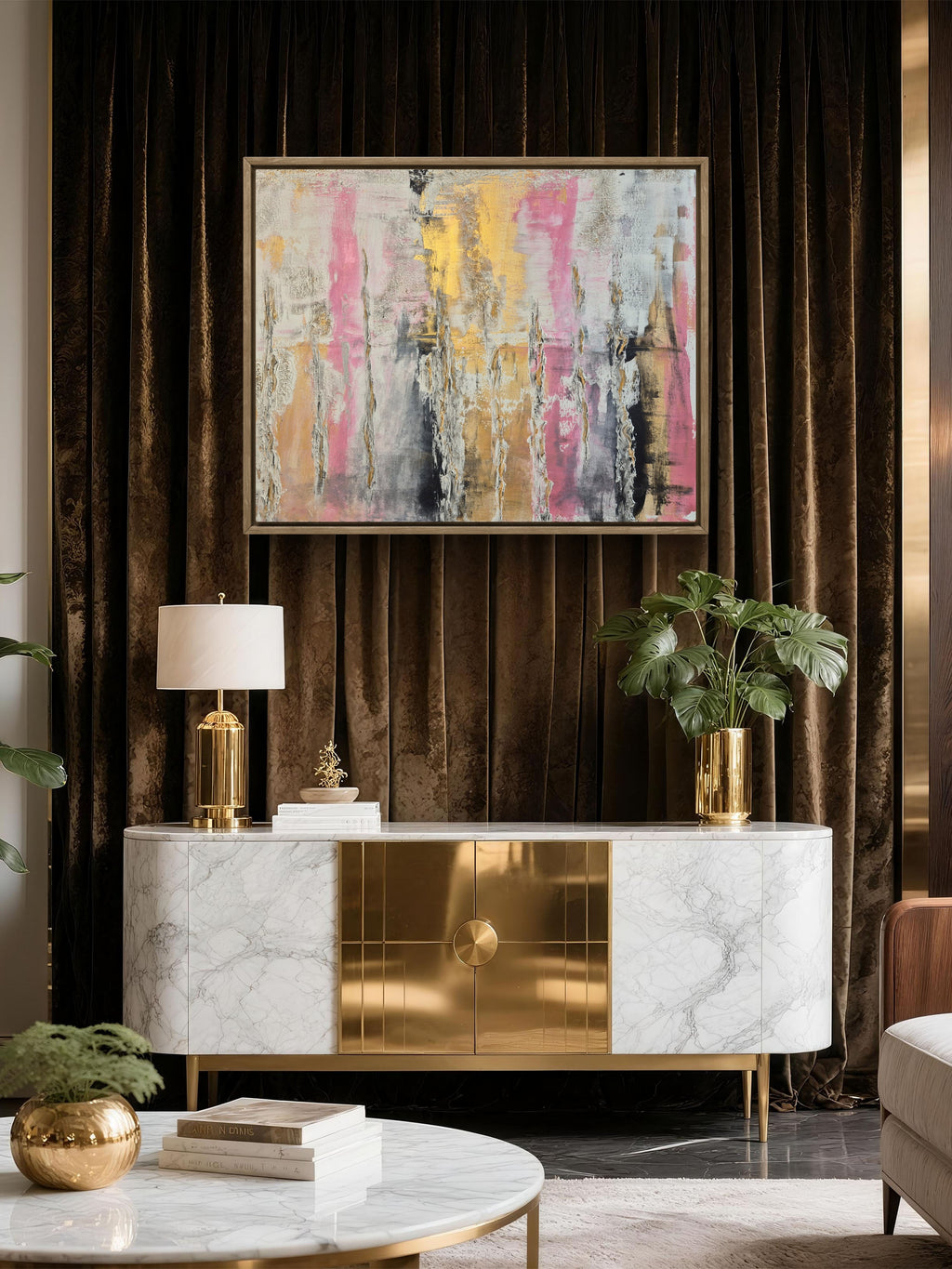 Gilded Reverie – Original Pink & Gold Abstract Wall Art – Framed Textured Painting 110cm x 90cm