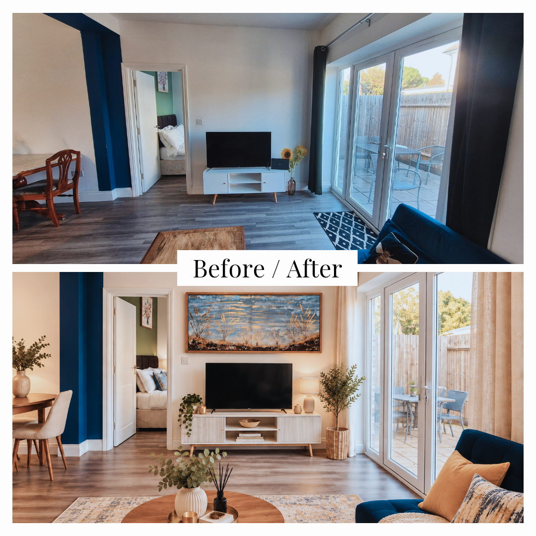 Before-and-after dining and TV area with gold-toned forest art, a tall plant, table accessories and floor lamp.