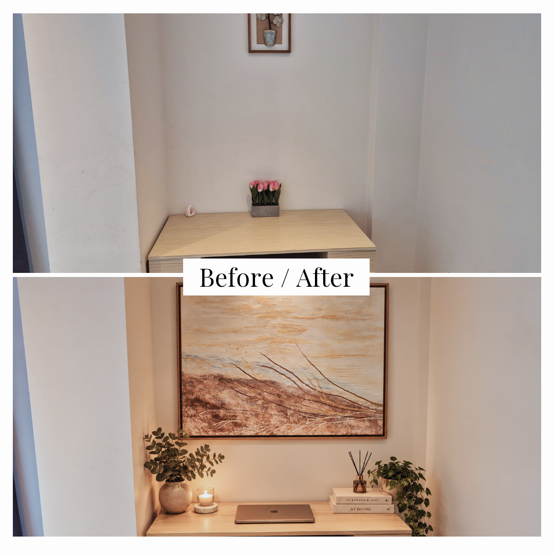 Before-and-after living room TV area with blue and gold art, light curtains, plants and warm lighting.