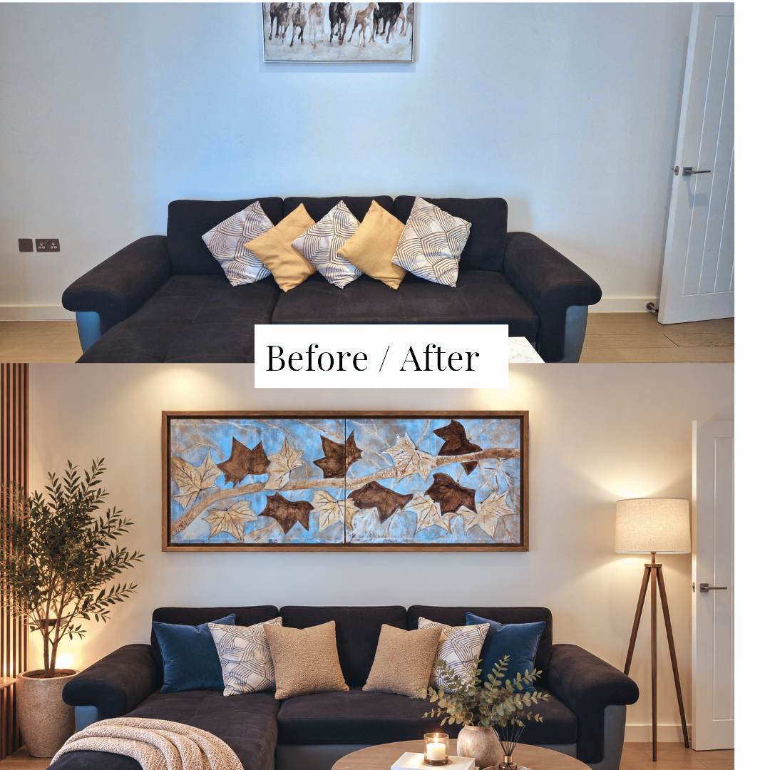 Before-and-after living room with a dark sofa, botanical art, warm lighting, greenery and neutral cushions.