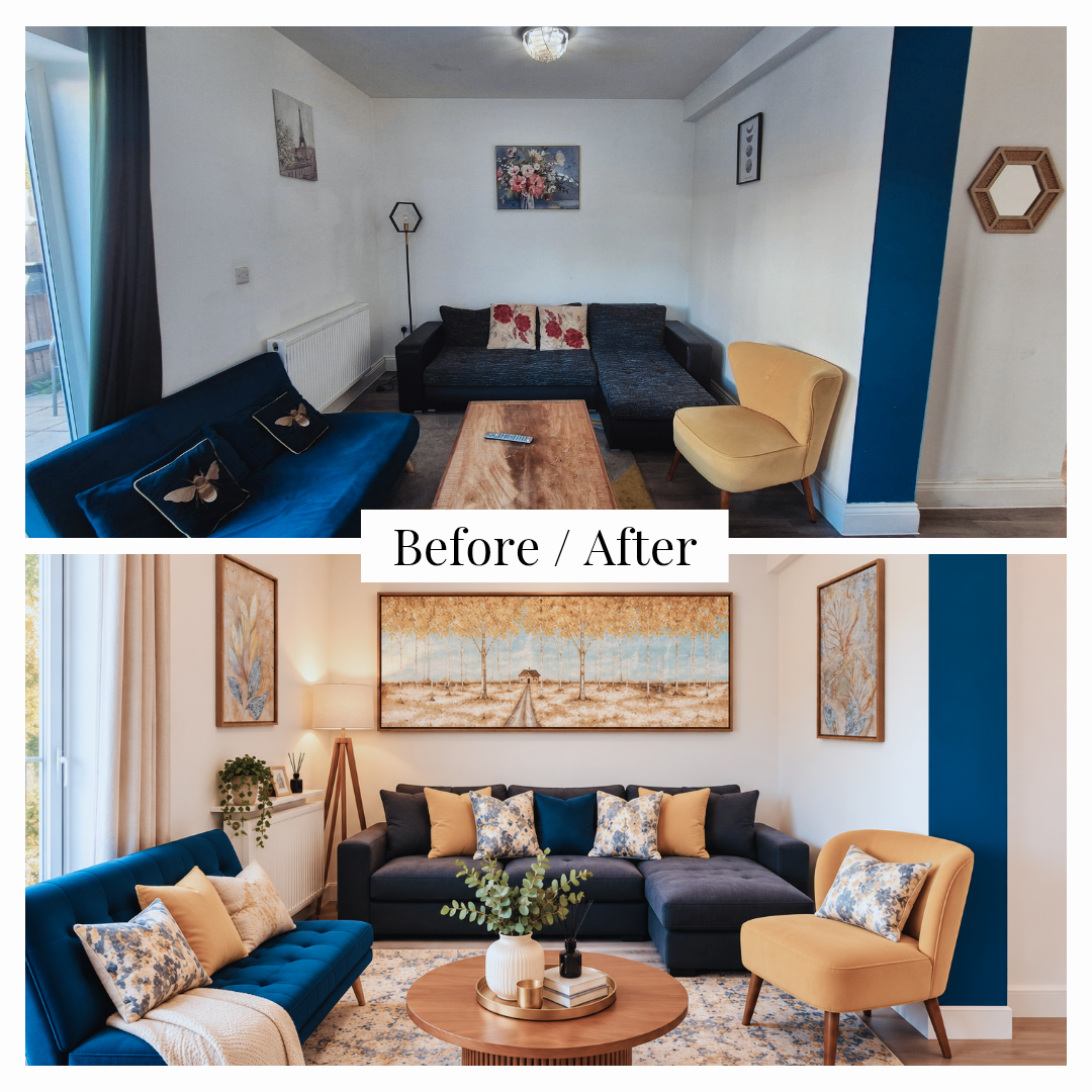 Before-and-after living room with blue and charcoal sofas, a yellow chair, gold-toned art and new soft furnishings.