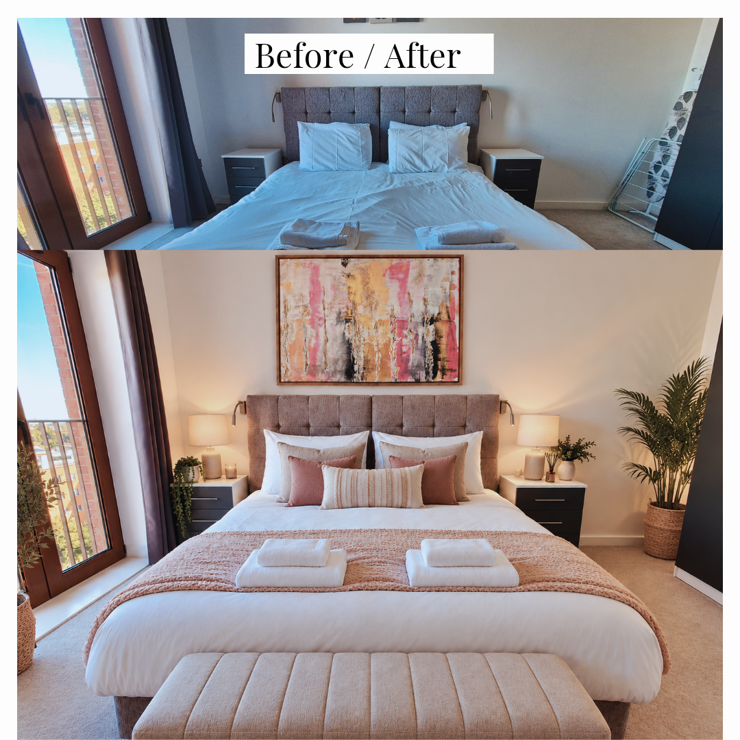 Bedroom before and after styling with artwork, blush bedding, lamps and plants.
