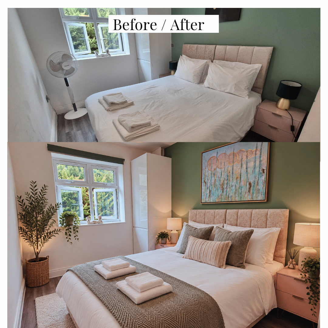 Bedroom before and after styling with abstract artwork, textured bedding, warm lamps and plants.