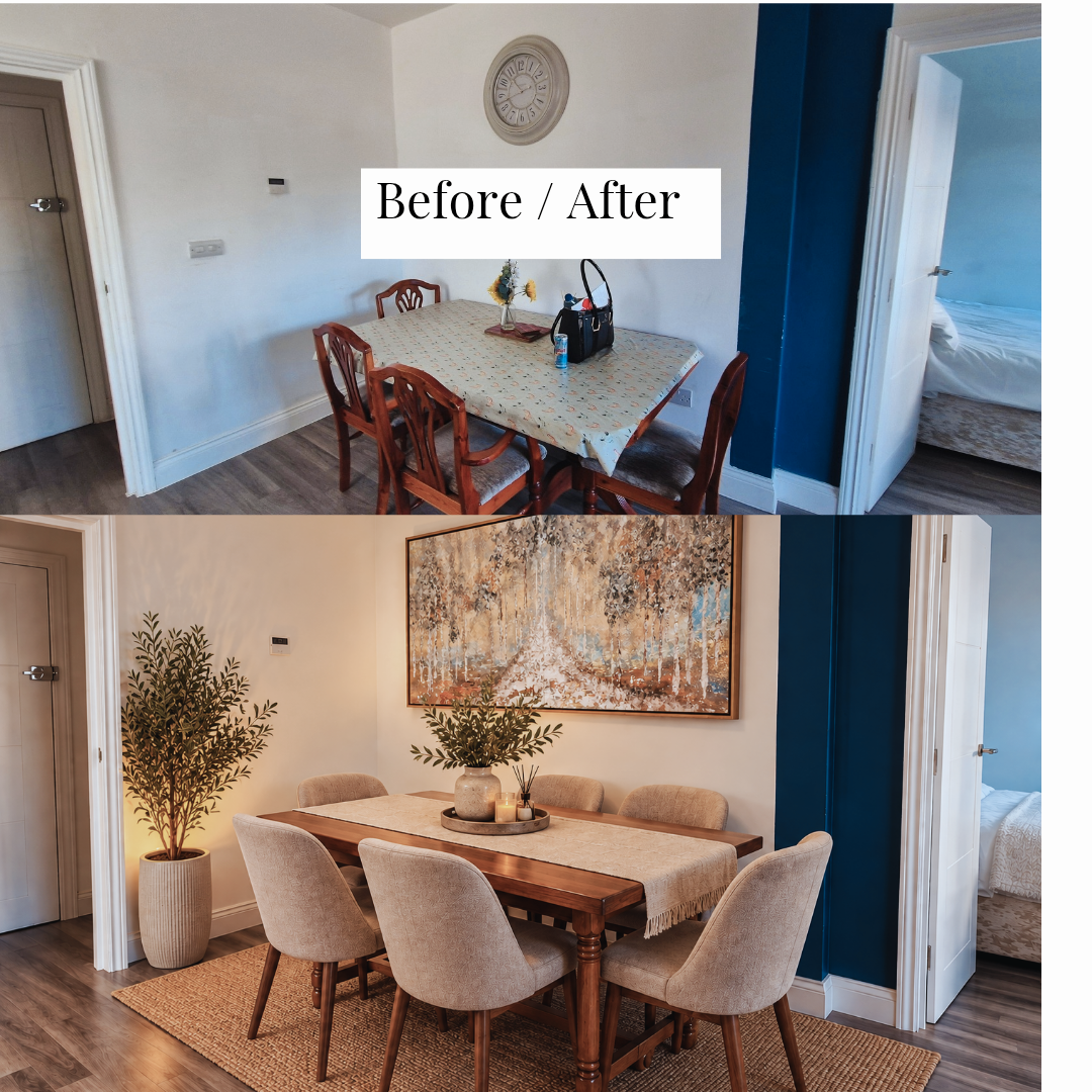 Dining room before and after styling with framed artwork, upholstered chairs and greenery.