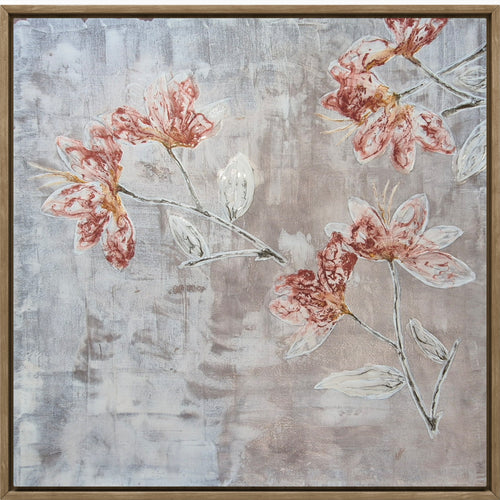 Blush Reverie floral painting with pink blossoms, metallic accents and ivory leaves on a textured grey background in a warm gold-toned frame.