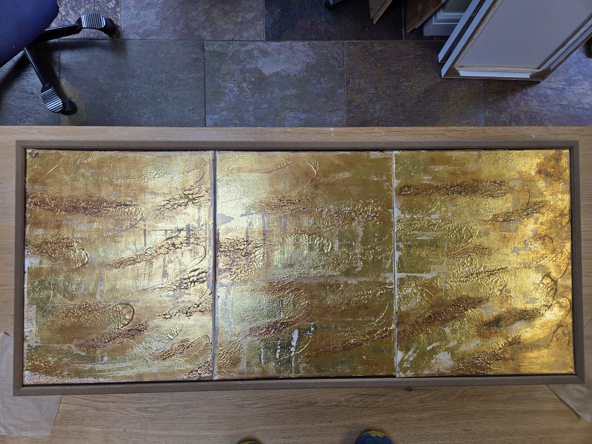 Large Framed Abstract Gold Wall Art – 3 Panel Statement Piece