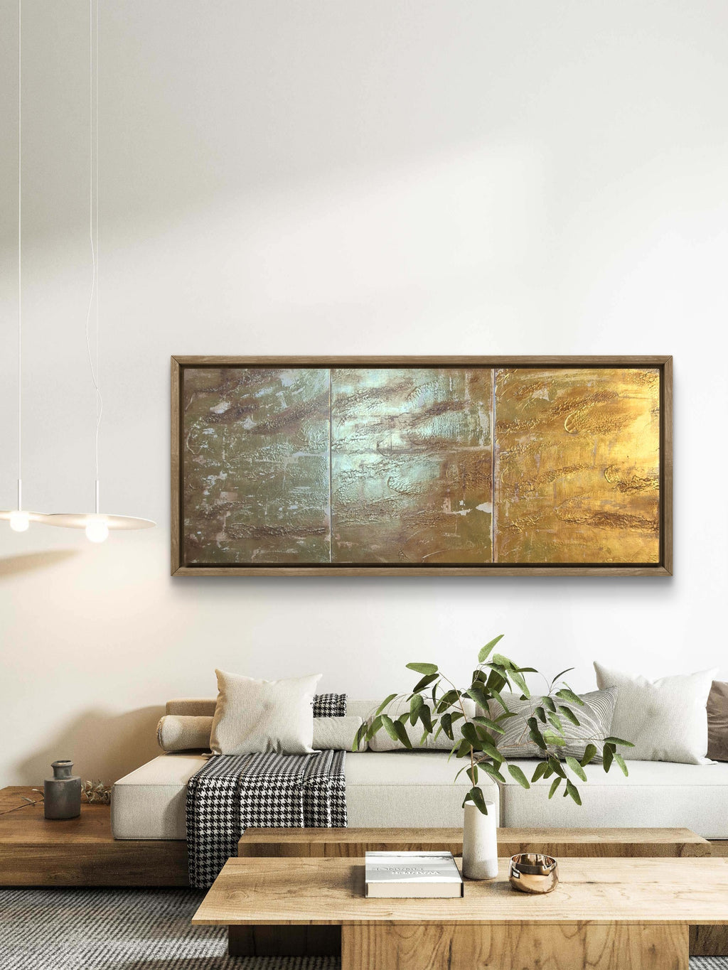 Large Framed Abstract Gold Wall Art – 3 Panel Statement Piece
