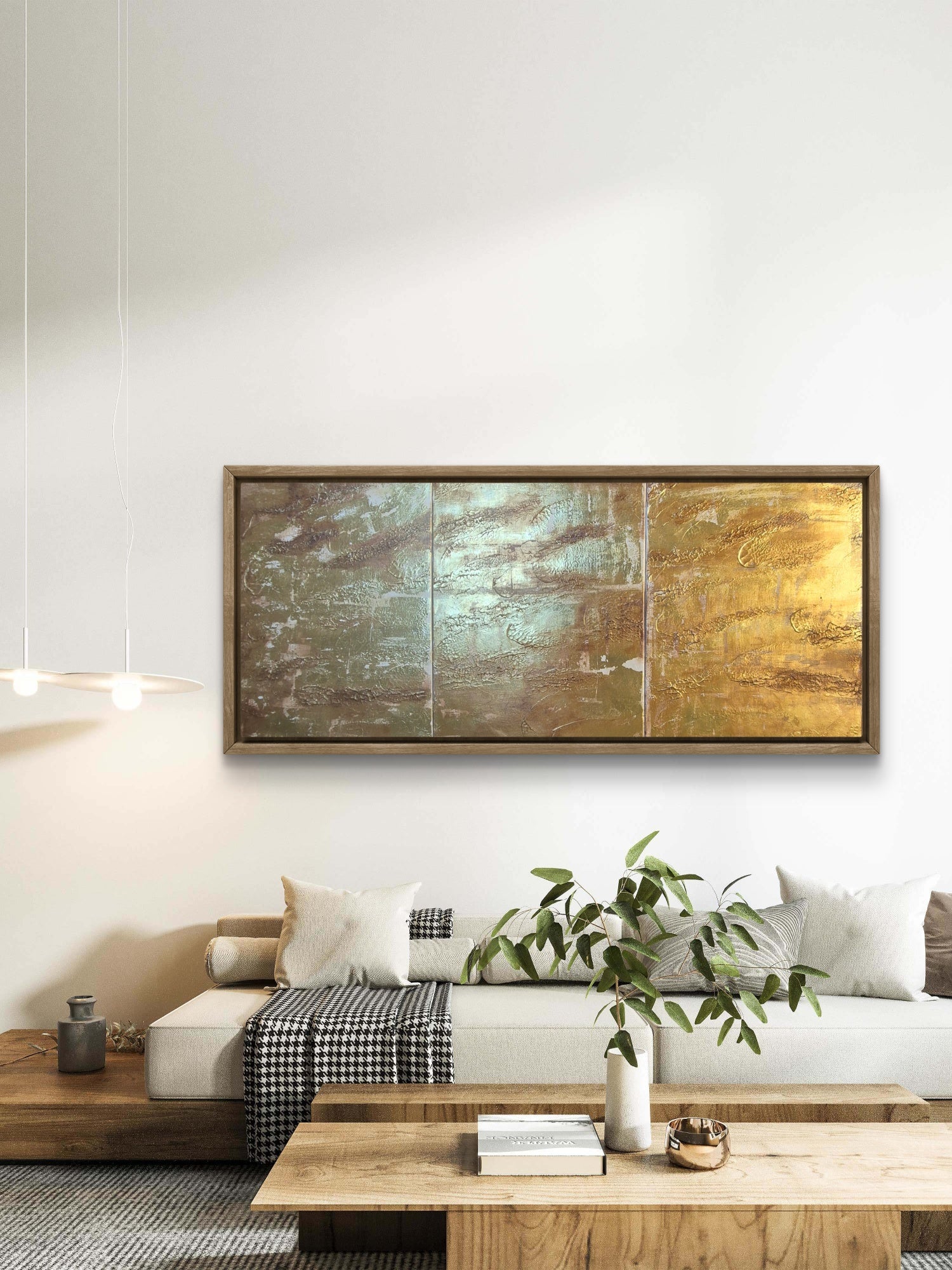 Large Framed Abstract Gold Wall Art – 3 Panel Statement Piece