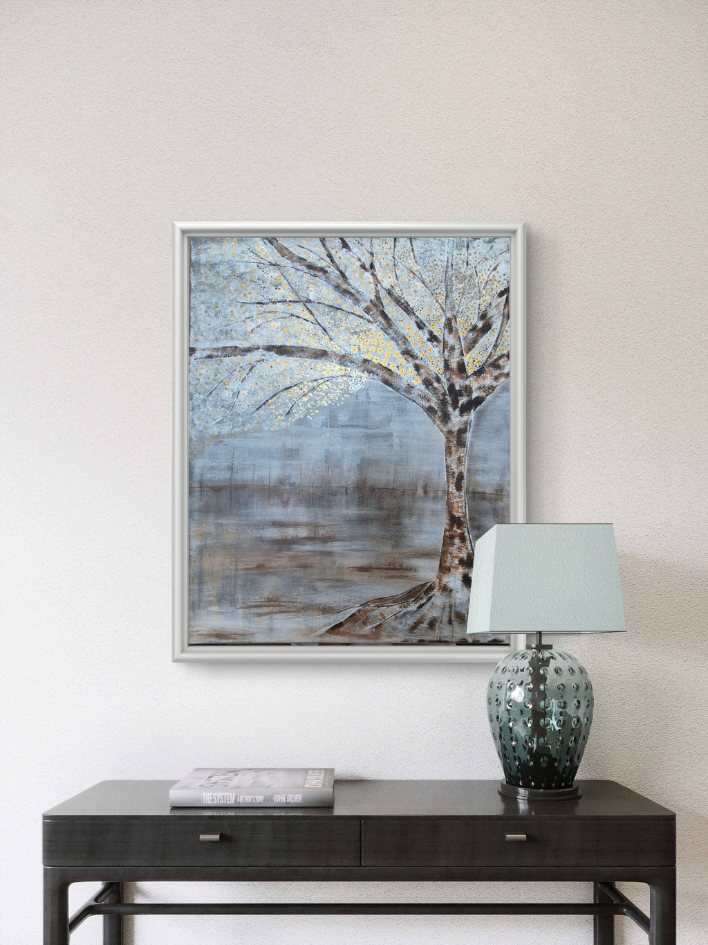 Large Acrylic Tree Canvas – Neutral Grey & Gold Textured Wall Art